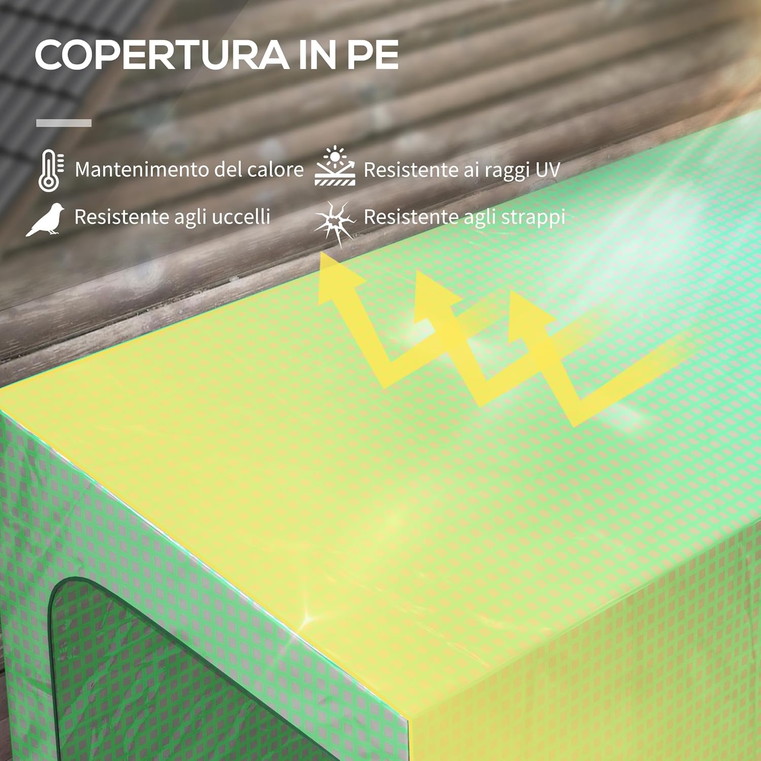 Diagram highlighting features of the PE cover: heat retention, UV resistance, bird resistance, and tear resistance.