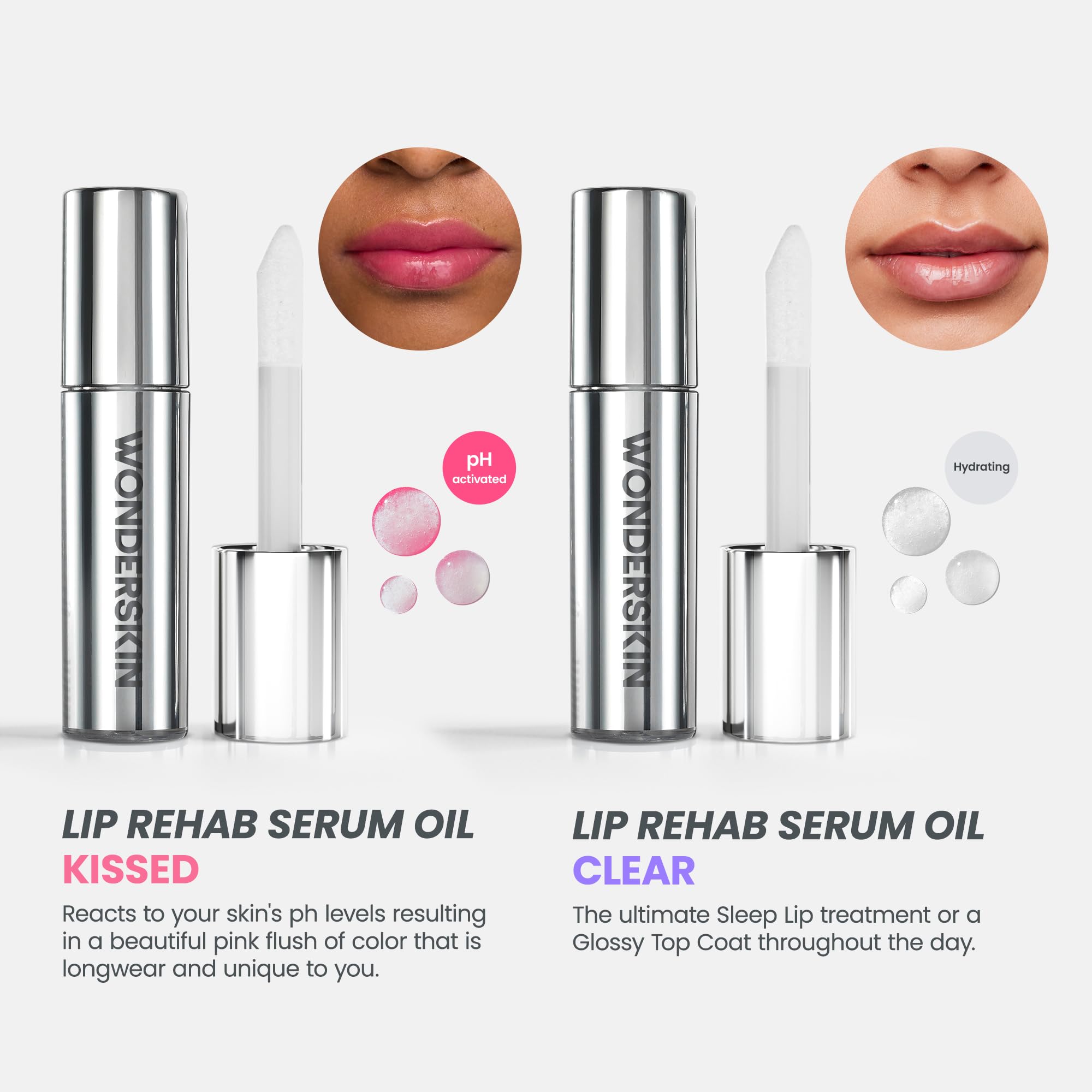 Wonderskin Lip Rehab Serum Oil, 2er-Pack - Farbwechselndes Lippenöl von Klar zu Pink - PH-aktiviertes, Nicht-klebriges & Feuchtigkeitsspendendes Getöntes Lippenöl (Kissed)