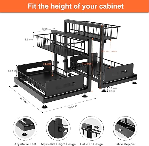 Miniatura 5 de Paquete de 2 organizadores y almacenamiento para debajo del fregadero, organizador de gabinete extraíble, cesta de cocina deslizante de 2 niveles,