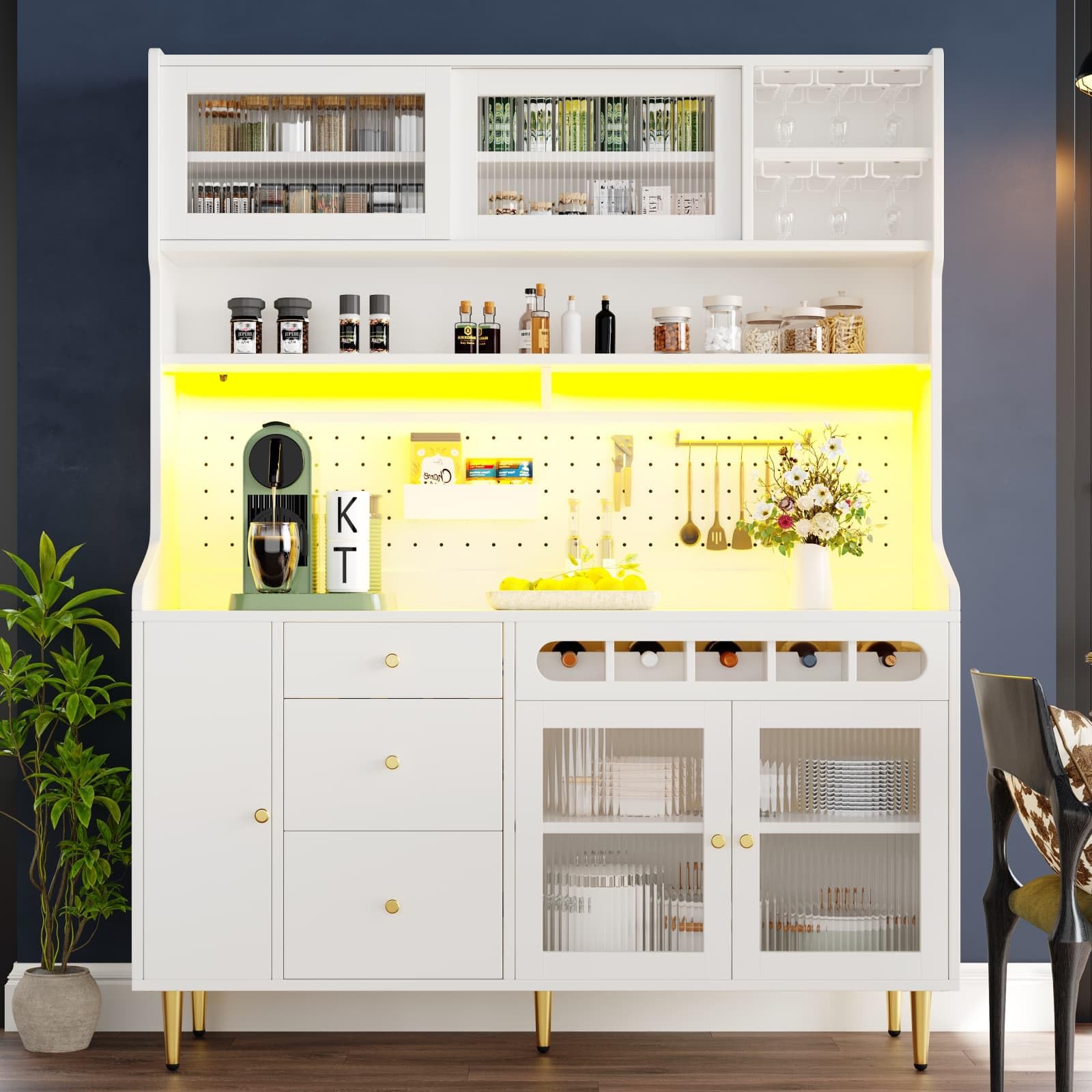 Buffet Salle a Manger,Buffet Haut de Cuisine,Armoire de Salon Moderne,Meuble de Rangemen avec étagères réglables et éclairage LED,Tiroir avec casier à Bouteilles,145x39x171cm (Blanc-A)