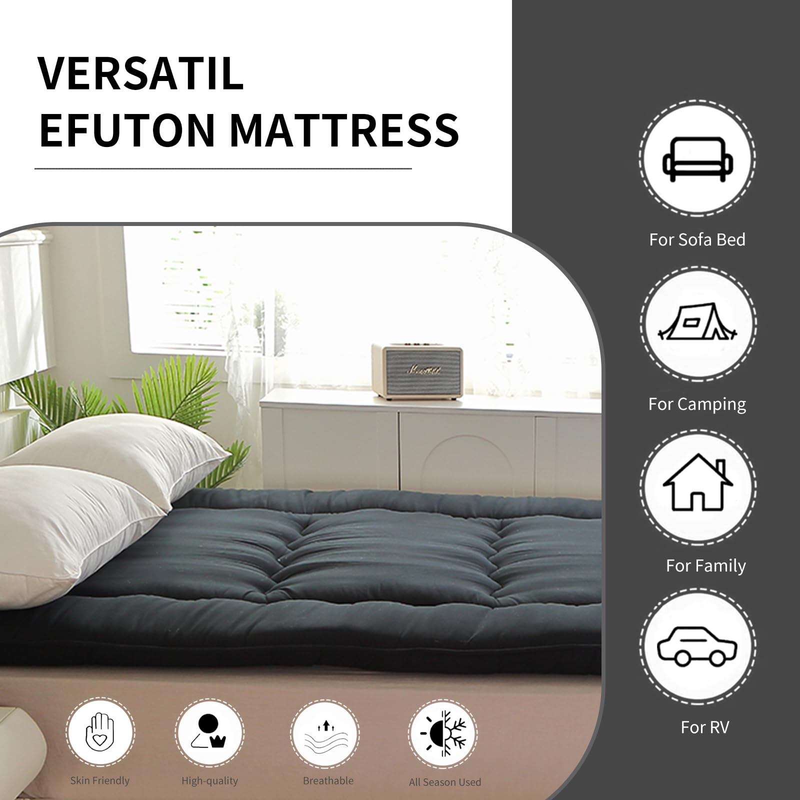 Colchón futón, colchón japonés, cama de suelo japonesa, cama de tatami plegable, colchón enrollable para habitación de invitados, dormitorio (azul marino, colchón queen (152 x 203 cm)