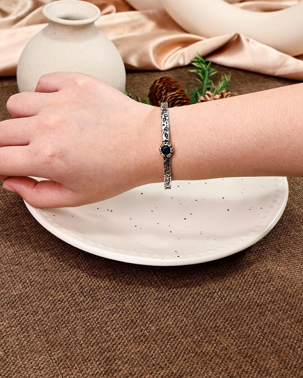 Silver Blue Bangles for Women – Sterling Silver Plated Cuff Bracelet, Vintage Bracelet with Blue Rhinestone, Engraved Adjustable Bangle Jewelry - Image 2