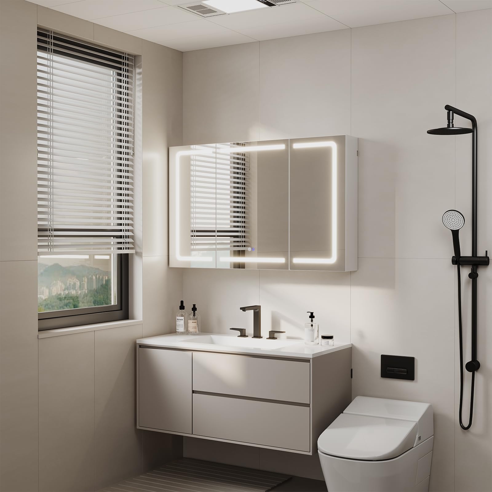 TRIUMPHKEY Armoire de Toilette avec Éclairage, 120 x 75 cm, Design Pliant 3 Panneaux, LED Dimmable, Charnières à Fermeture Douce, Anti-Buée, Prises Intégrées & USB, 5 Niveaux de Rangement