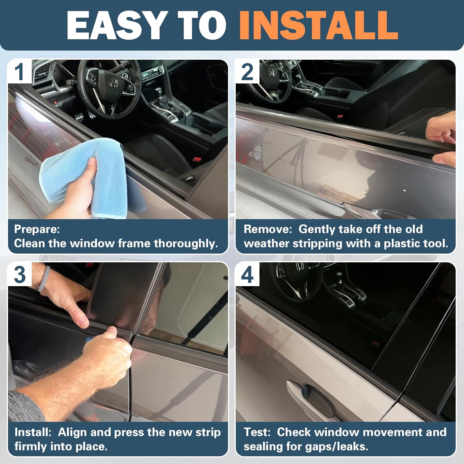 4PCS Window Weather Stripping for Honda Civic 2016-2021 4-Door Sedan - Replaces 72450-TEA-T01 72410-TEA-T01 72950-TEA-T01 72910-T01 | Stop Wind Noise & Rain Leaks | Snap-in Trim Molding