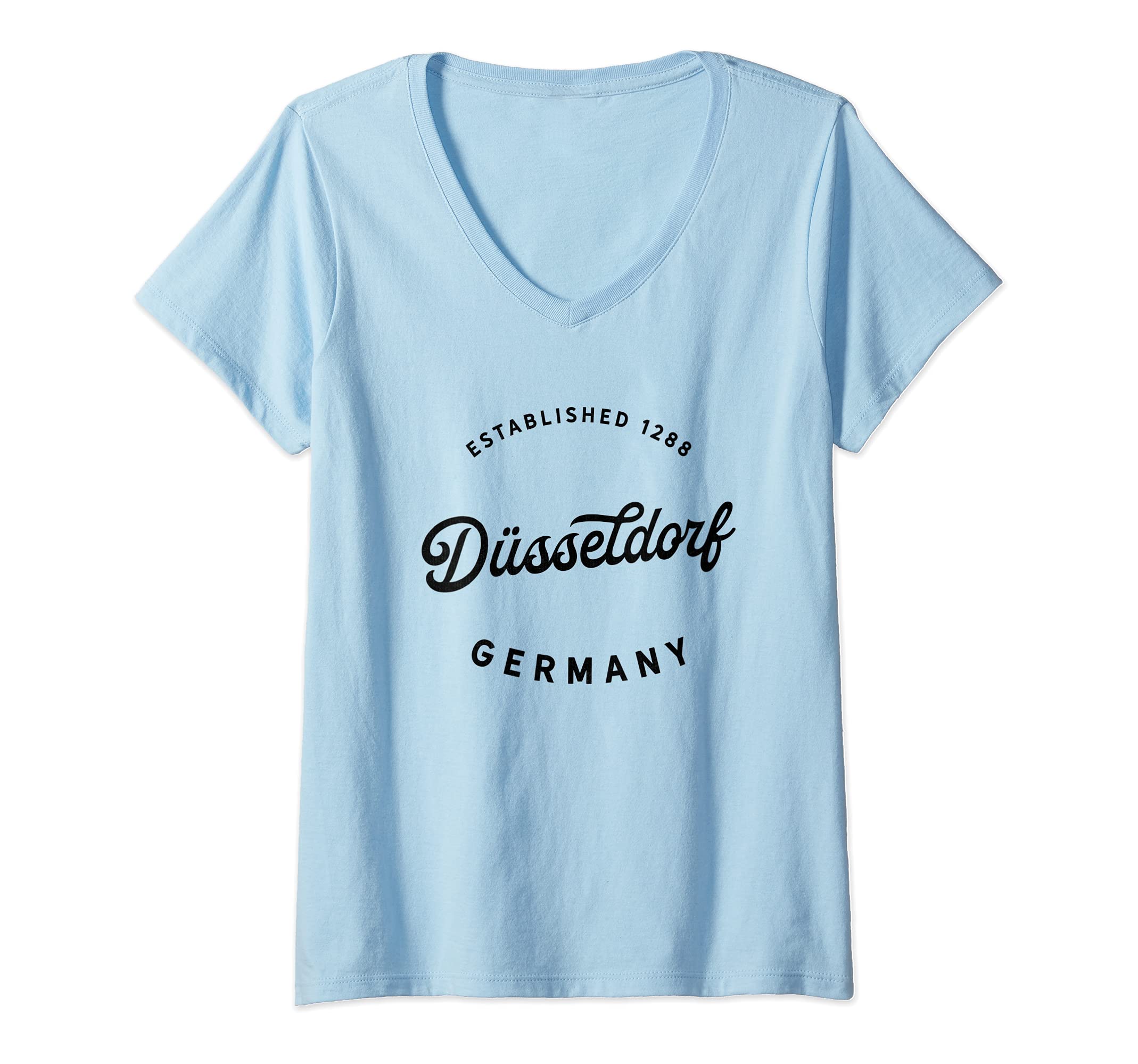 Womens Classic Retro Vintage Düsseldorf Germany 1288 Souvenir V-Neck T-Shirt, Blue