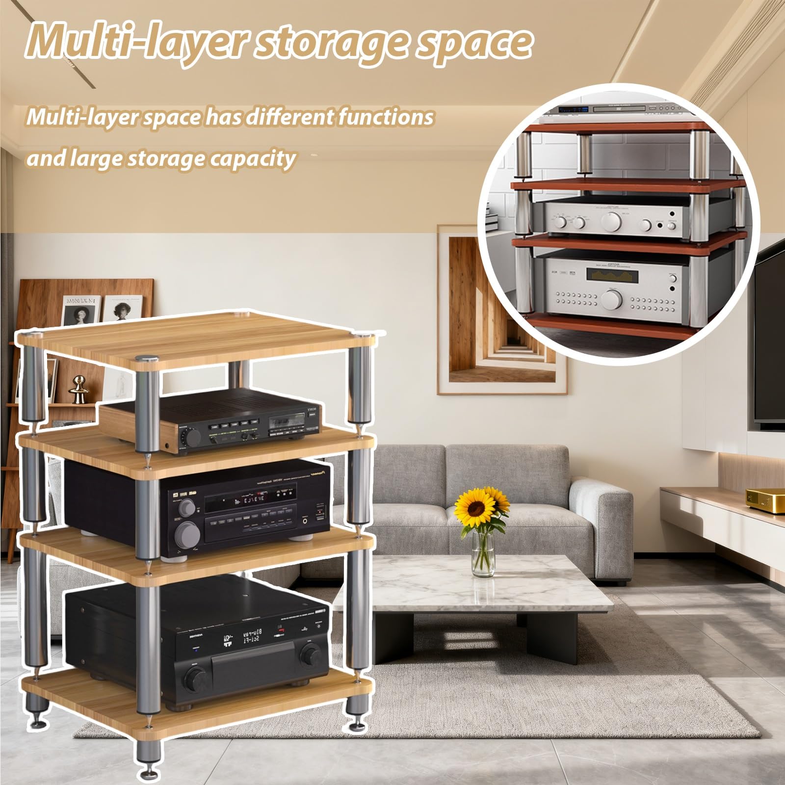 Mobiletto AV HiFi A 3 Ripiani Ripiano In Legno Supporto Per Giradischi Mobile Stereo Sound Tower Rack Portaoggetti Per Console Multimediali(Teak color,Three-layer)