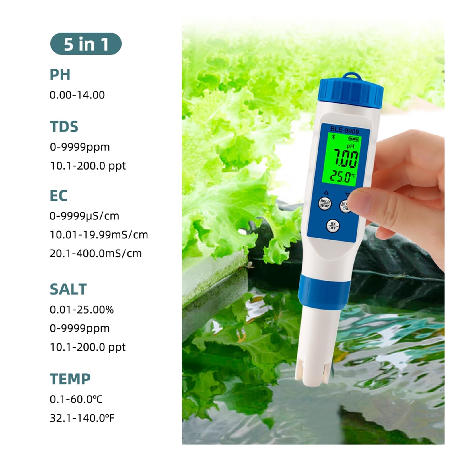 5 in 1 Salinità EC TDS Temp PH Meter Qualità dell'acqua PH Tester Controllo APP for acquario Piscina Fish Tank