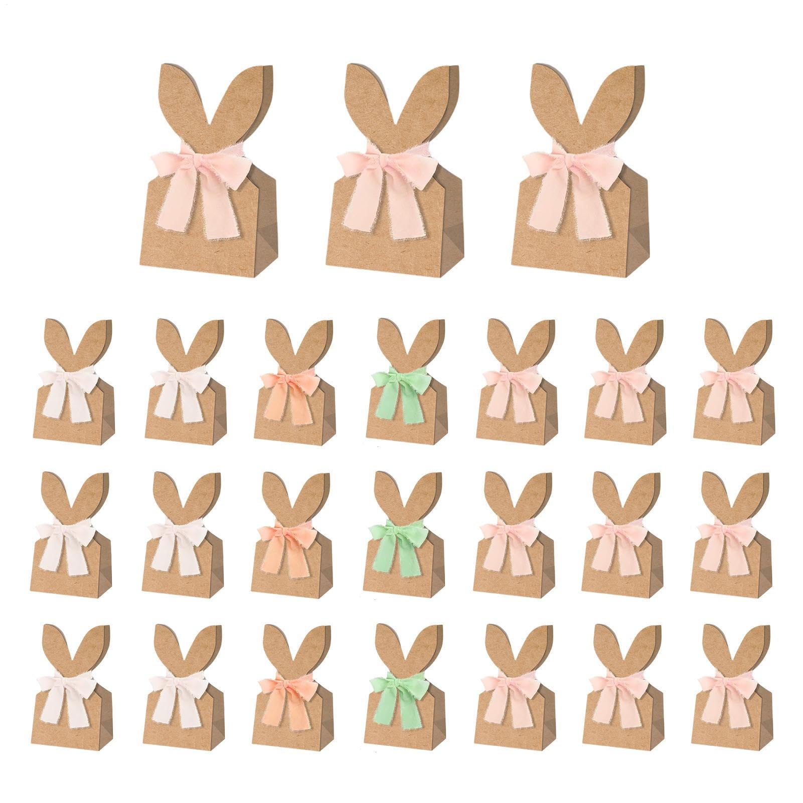 24 Set Easter Bunny Party Favor Bags, DIY Bunny Gift Boxes with Bow Ribbon & Dried Flower, Brown Paper Treat Bags for Birthday, Easter, Spring Holiday