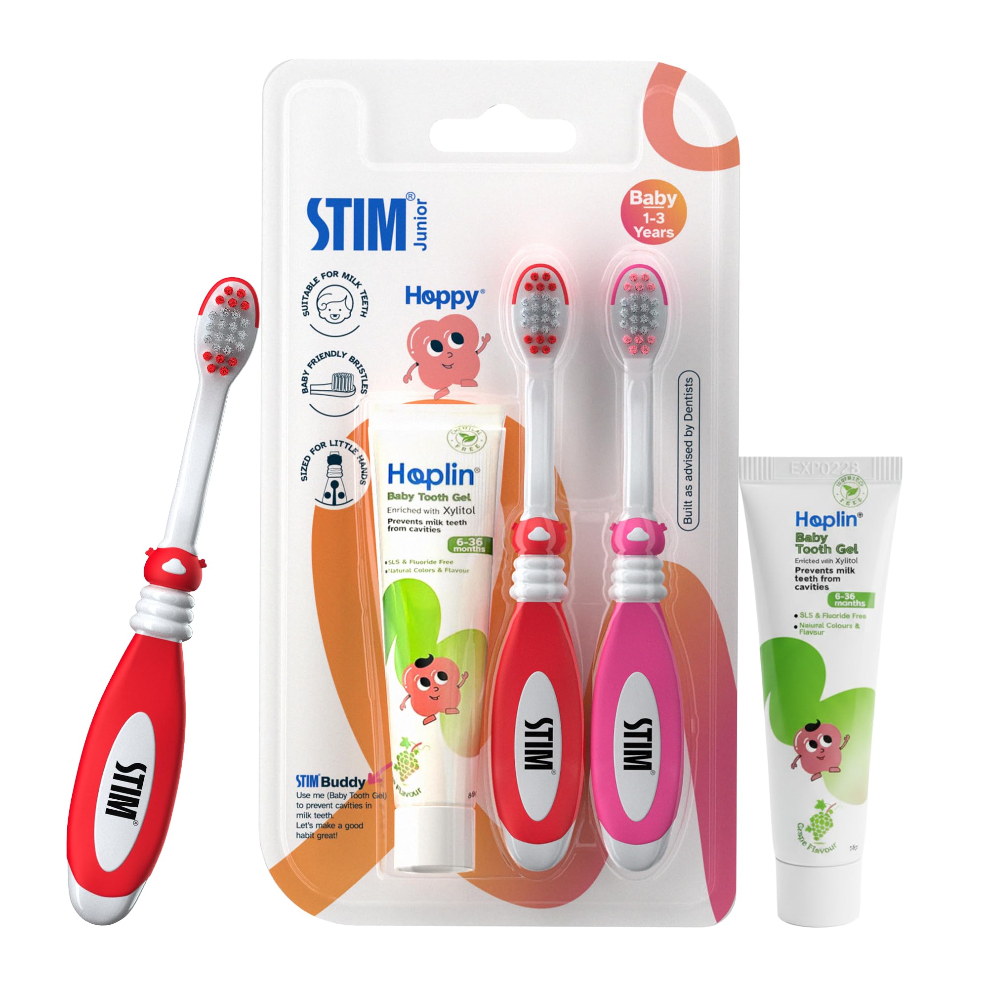 STIM Junior Baby Toothbrush | 1–3 Years | Ultra-Soft Baby Friendly Bristles | Safe & Gentle for Milk Teeth | Includes Safe-to-Swallow Toothpaste with Xylitol | Dentist Recommended | Set of 2-image-23