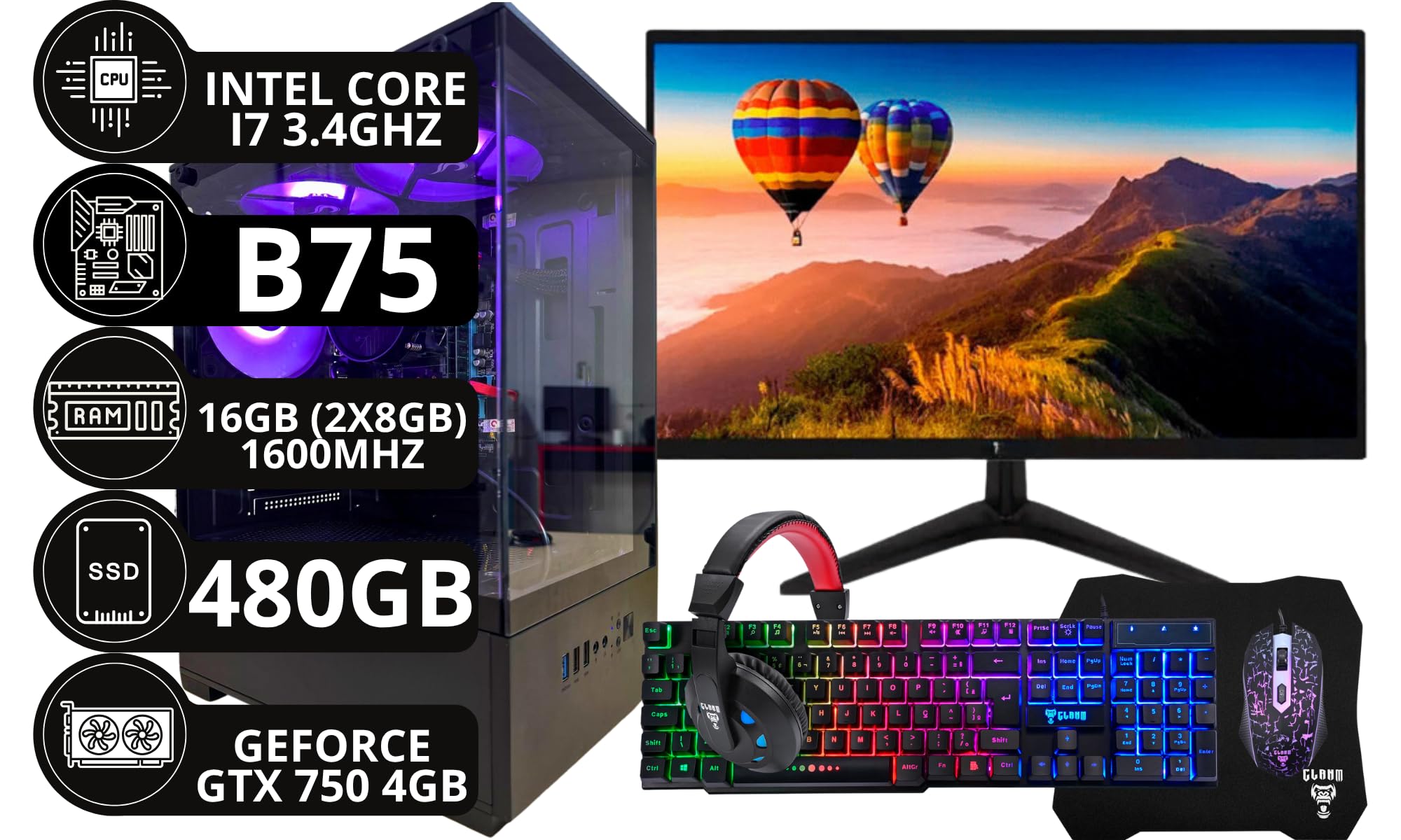 PC Gamer Completo Intel Core I7 3.4GHz 16GB DDR3 SSD 480GB Monitor