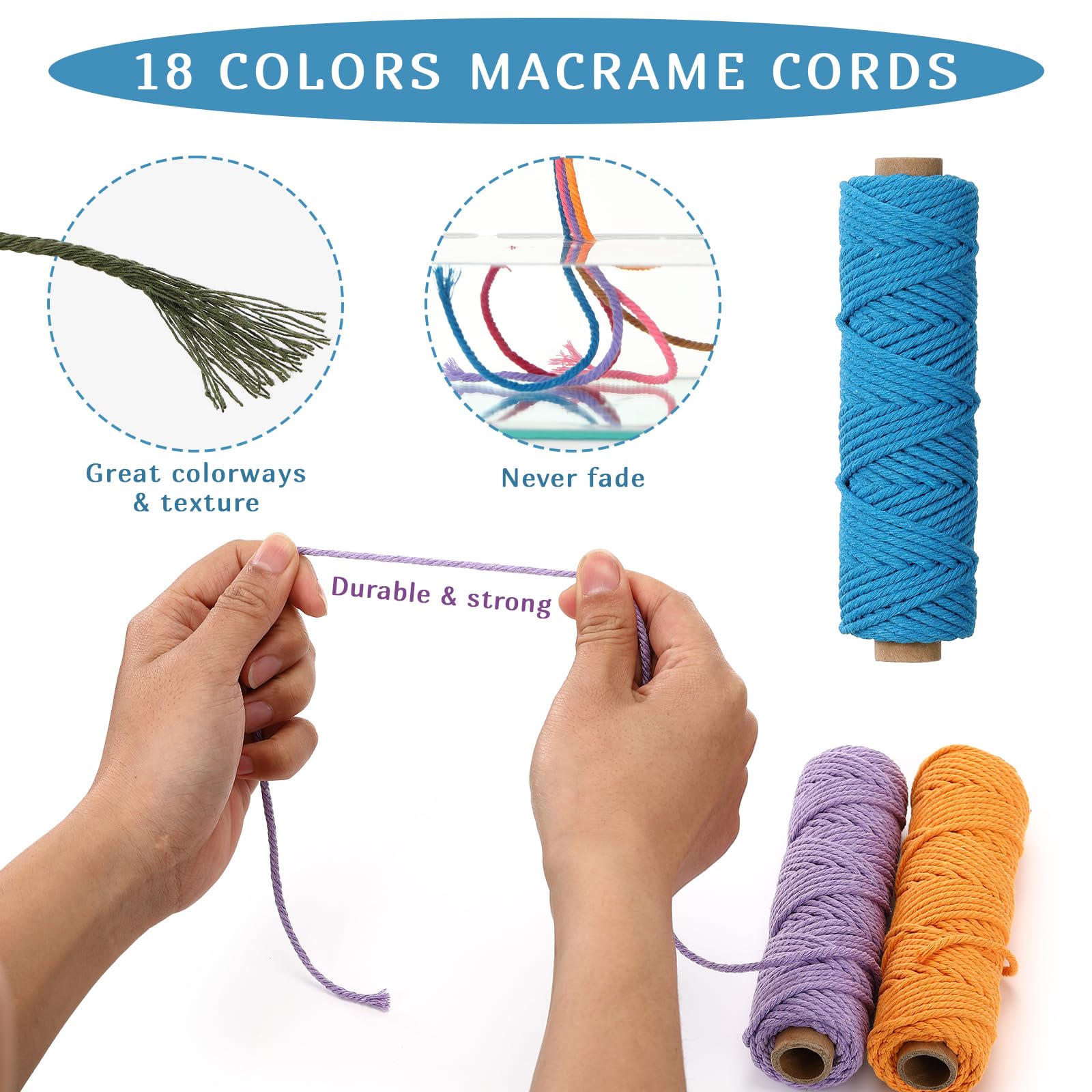 18 rollos de cuerda de macramé de 0.118 pulgadas x 594 yardas, juego de cuerda de cuerda de algodón para macramé de color natural, 4 hebras para colgar en la pared, colgar plantas, tejido de bricolaje 3