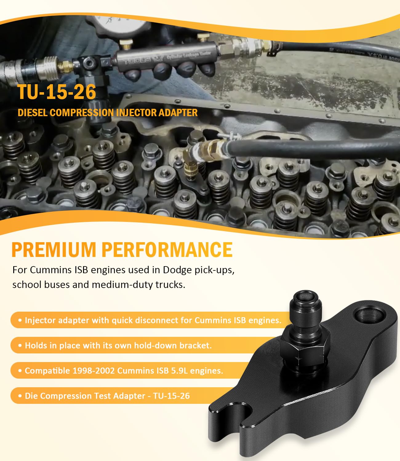 TU-15-26 Diesel Injector Adapter use with Diesel Compression Tester TU-15 for Cummins ISB 5.9L Engines 1998-2002 Used in Dodge Pickups, School Buses and Medium Duty Trucks