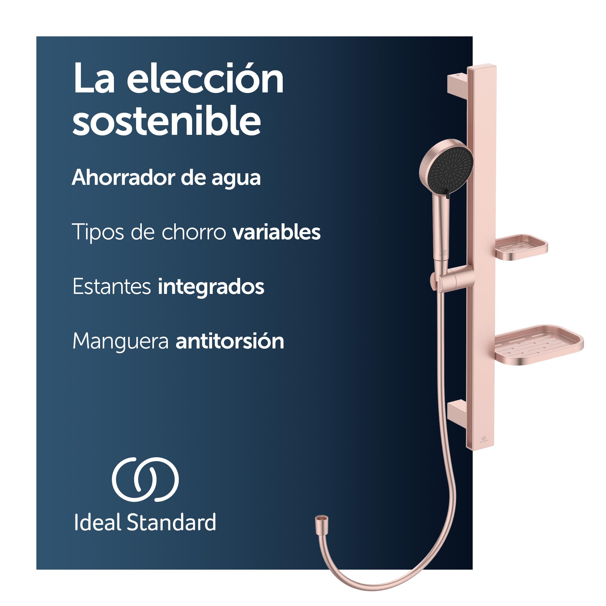 Ideal Standard Idealrain Alu+ Kit de ducha con barra, Cabezal de ducha con ahorro de agua, dos tipos de chorro (SilkRain y Rain) y bandejas ajustables – Rosa (349x157x600 mm)