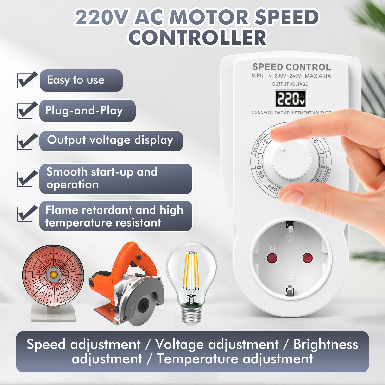 Variateur de Vitesse pour Moteur 220V, Régulateur de Tension 220V 1600W 8A Convtrôleur de Vitesse Continu avec affichage de la tension pour Meuleuse d'angle/Souffleur (Prise Schuko type F)