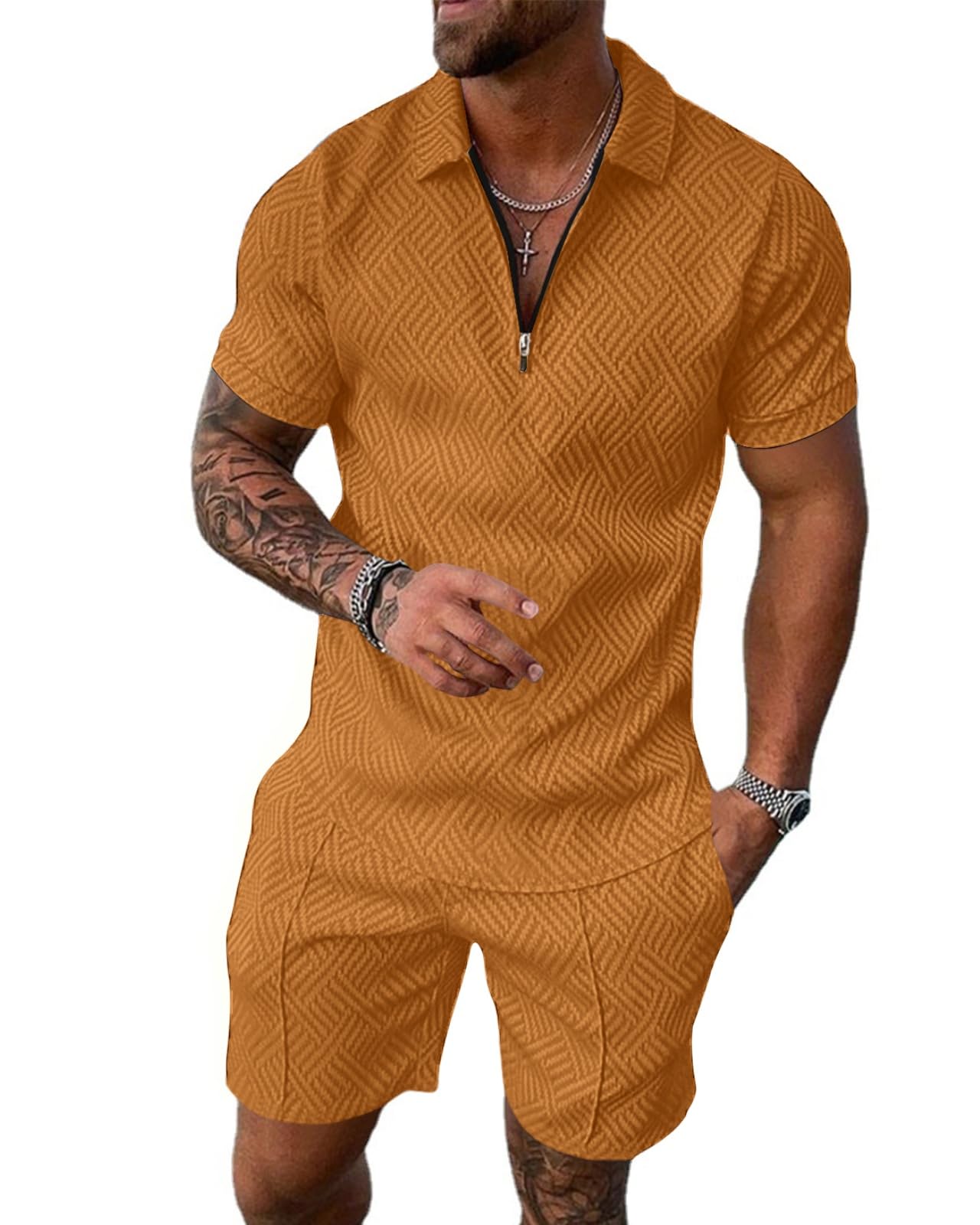 Aulemen Mens 2 Piece Zip Tracksuit Short Sleeve Print Polo Shirt and Shorts Sets Summer Outfits for Men