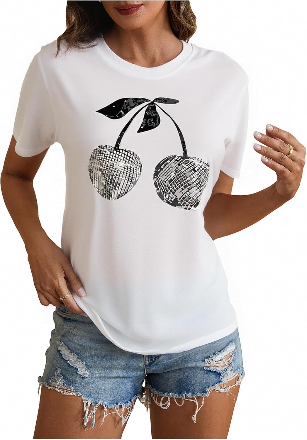 Women's Summer Cherry Graphic Tees Crew Neck Short Sleeve Dressy Casual T Shirts