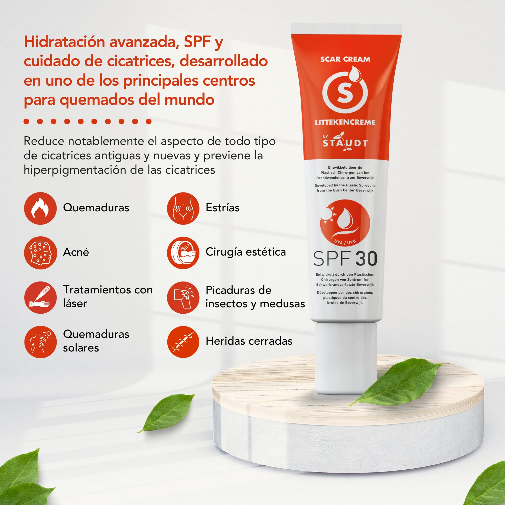 Crema Cicatrices Staudt Premium con SPF30 - Gel de Silicona para Cicatrices Quirúrgicas y Antiguas - Fórmula Hidratante con Miel y Jojoba - Reductor de Cicatrices con Protección UV - 40ml