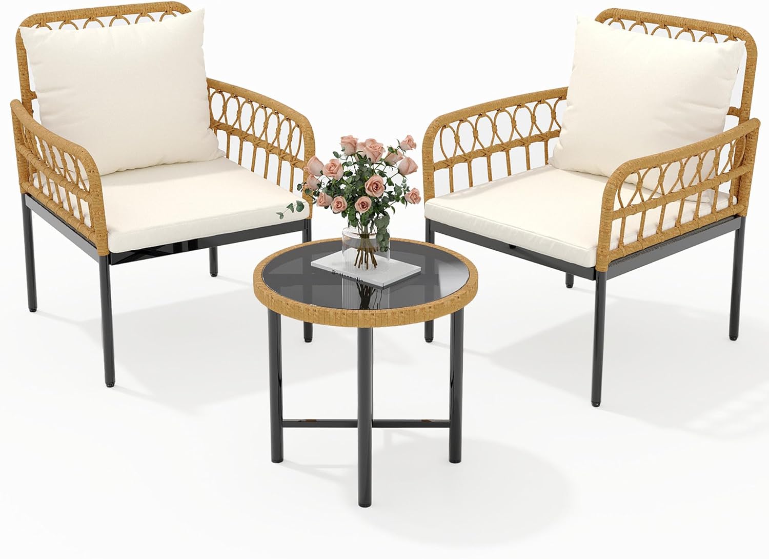 GarveeLife Wicker 3 Pieces Patio Bistro Sets Outdoor Conversation Sets with Glass Top Side Table and 2 Modern Rattan Chairs, Patio Furniture Set for Apartment, Backyard, Porch, Balcony, Lawn (Beige)