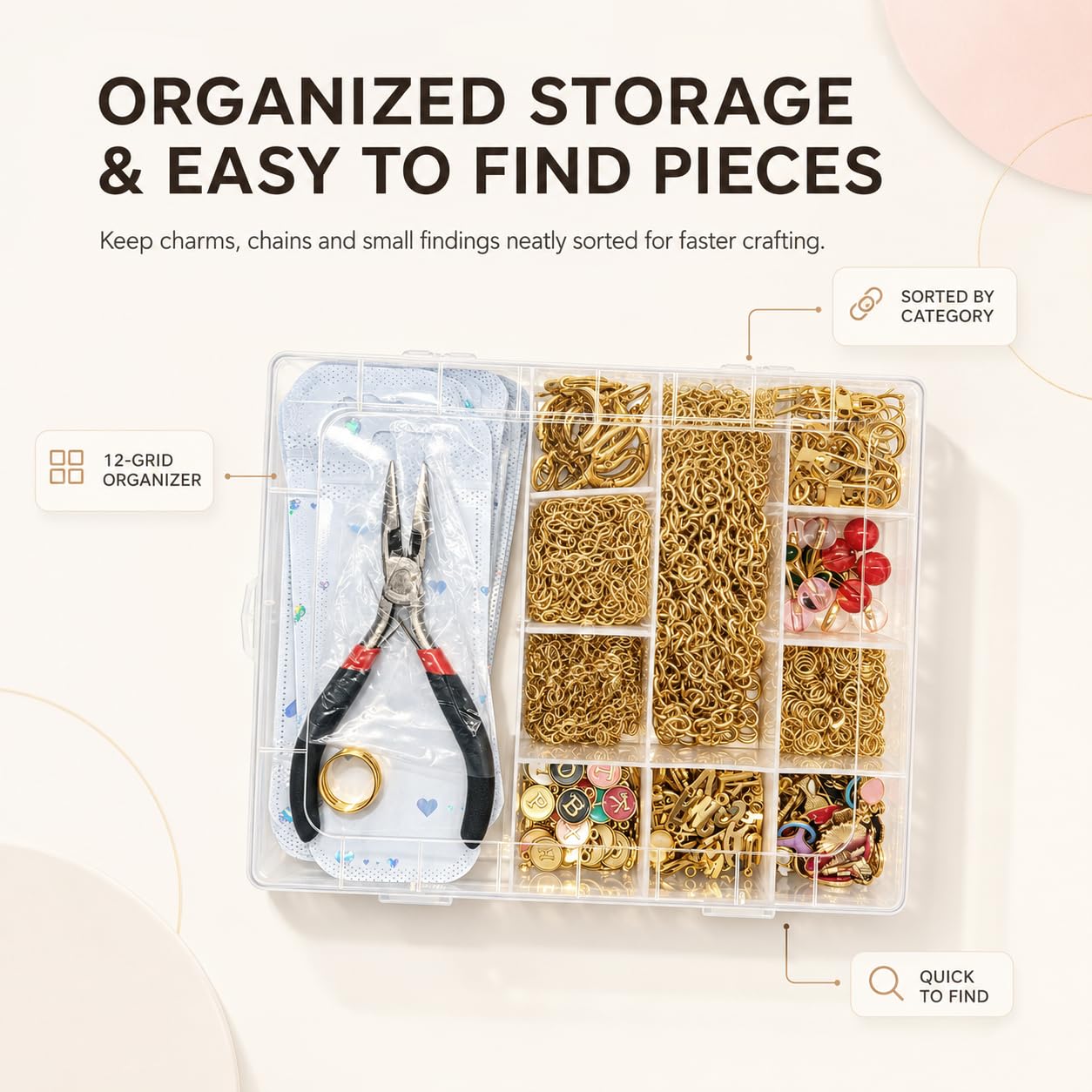 MOONONE Kit di 656 portachiavi dorati, lucidalabbra con ciondoli, ganci portachiavi, anelli di salto, catene, pinze, scatola organizer e sacchetti regalo, kit fai da te per zaini e accessori