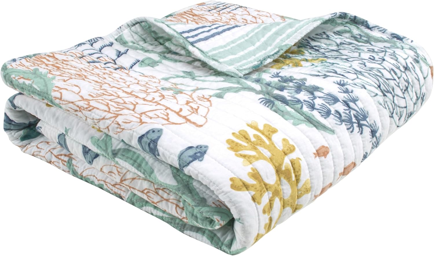 Levtex Home - Ocean Meadow - Throw - Coastal - Teal, Blue, Coral, White and Ochre - Quilted Throw (50x60in.) - Cotton