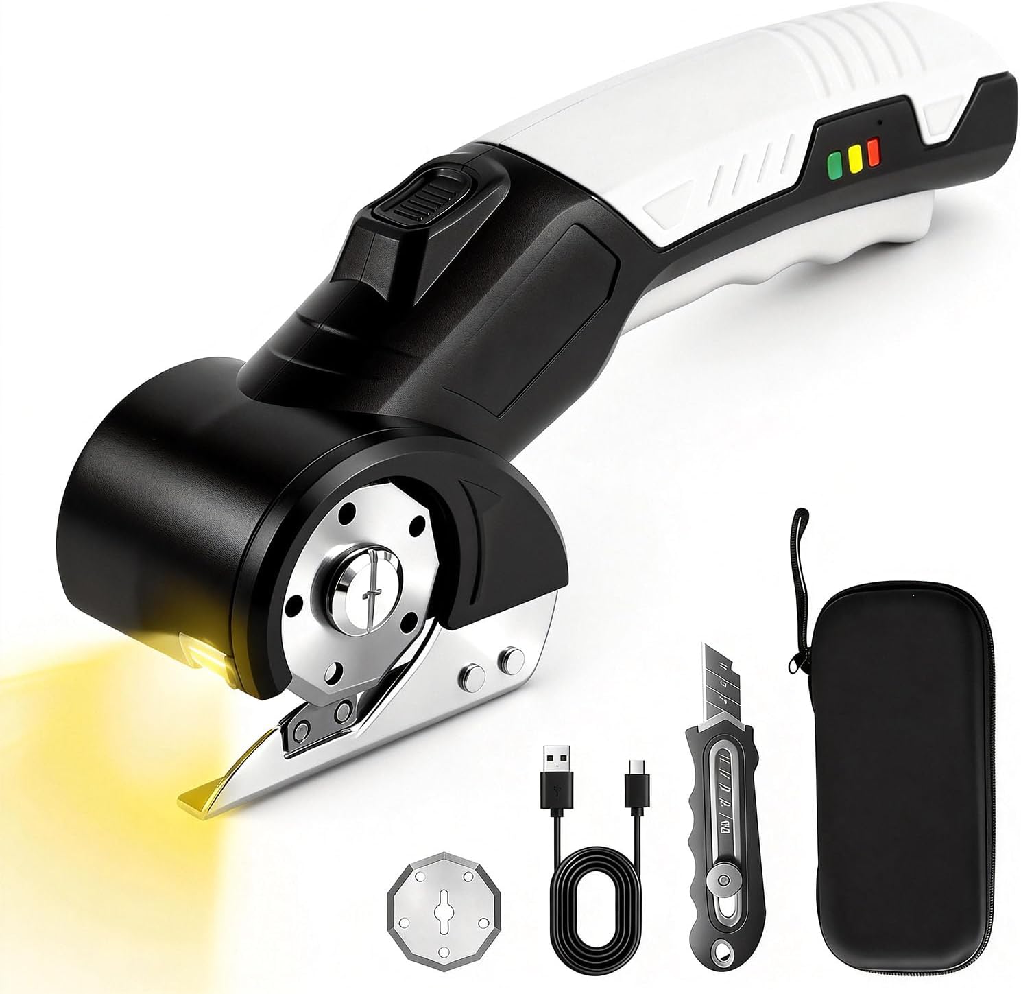 AYP Cordless Electric Scissors,4.2V Box Cutter Electric Cardboard Cutter Machine with Utility Knife & Storage Box, Rotary Cutter Used for Fabric, Leather, Plastic, Carpet Cutting