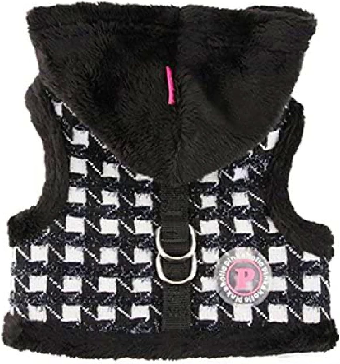 Cosmo Pinka Black Metallic Houndstooth Hoodie Harness Vest with Bags Set- Dog Sizes S Thru L (Small- Chest 10-12”, Neck 8.5”, Black)