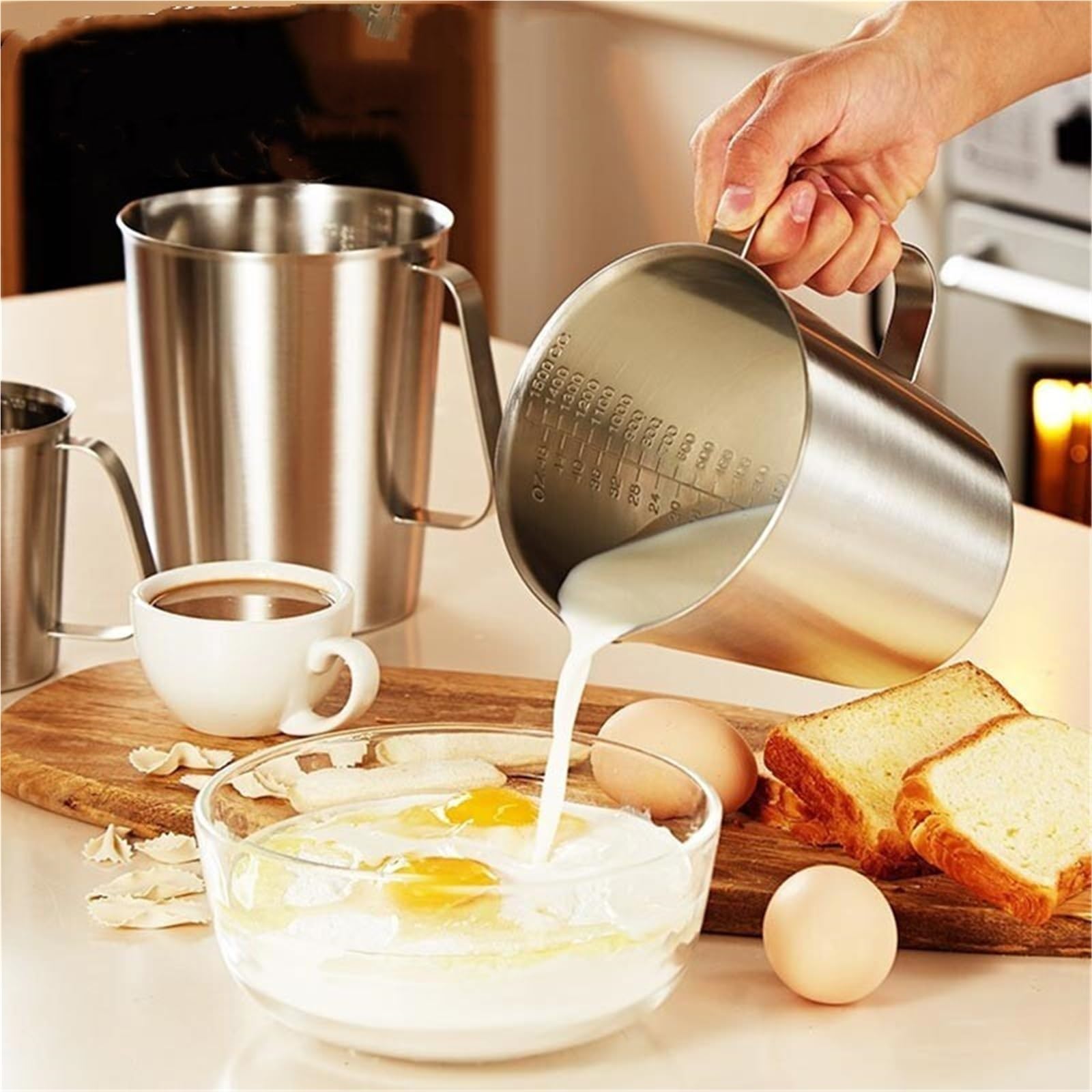 Taza medidora de acero inoxidable gruesa con tirador escala, taza flores, jarra té, práctica cocina gran capacidad, 2 uds Para Espumar(1000ML With Lid)