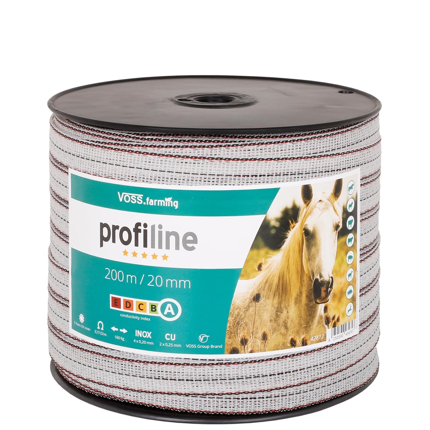 VOSS.farming Weidezaunband, Profiline, 200m 20mm, Kupfer und NIRO Leiter, Weiß Schwarz, Elektrozaun Band, Pferdezaun