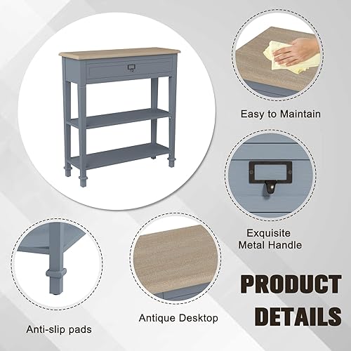 Miniatura 9 de kinbor Mesa consola delgada con cajón de almacenamiento grande y estantes, mesa de entrada estrecha de campo francés, mesa consola de madera para