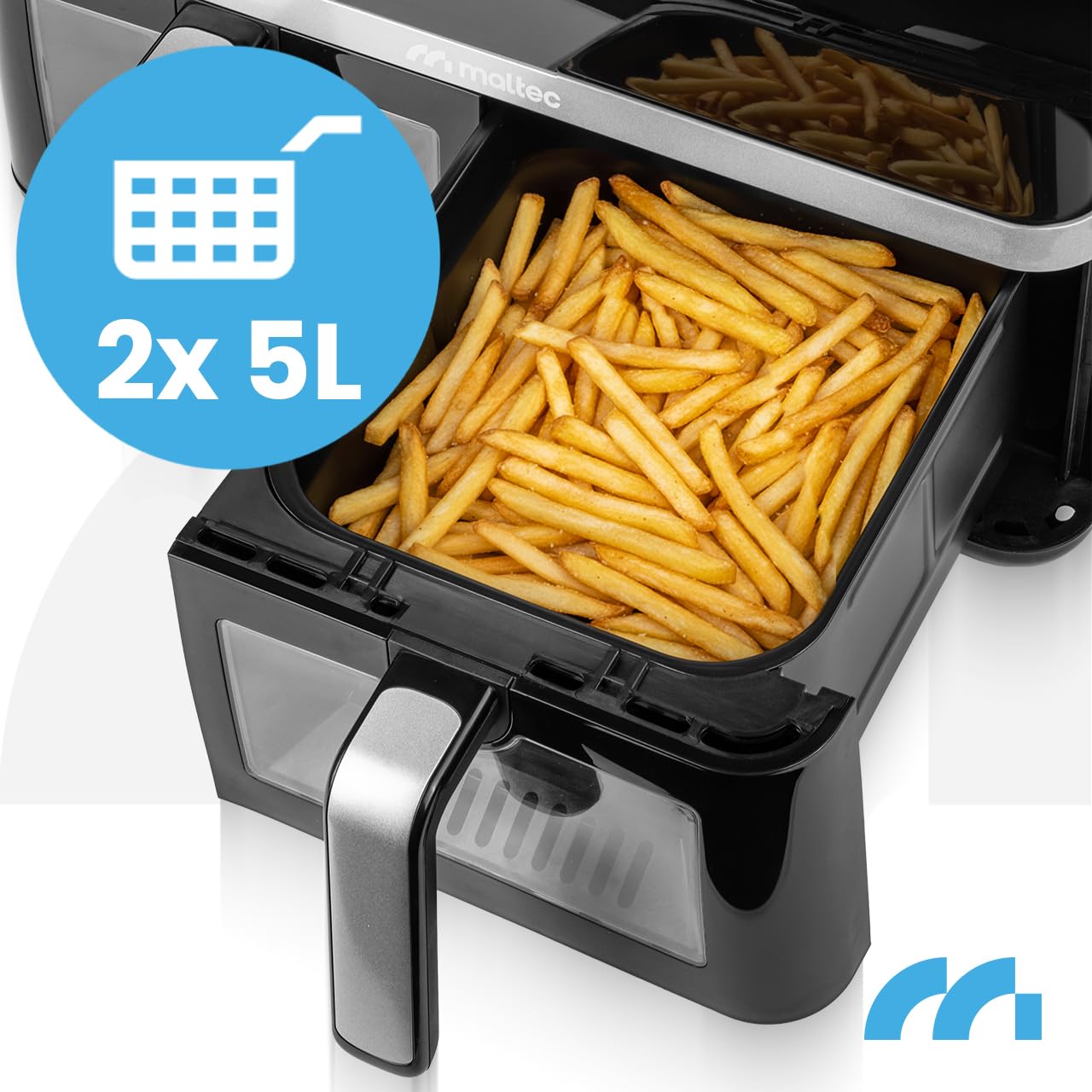 MalTec Frytkownica na gorące powietrze XL, 2 komory z okienkiem, 10 l Airfryer, ekran dotykowy, 2800 W, 10 programów, frytkownica bez oleju i gotowanie niskotłuszczowe