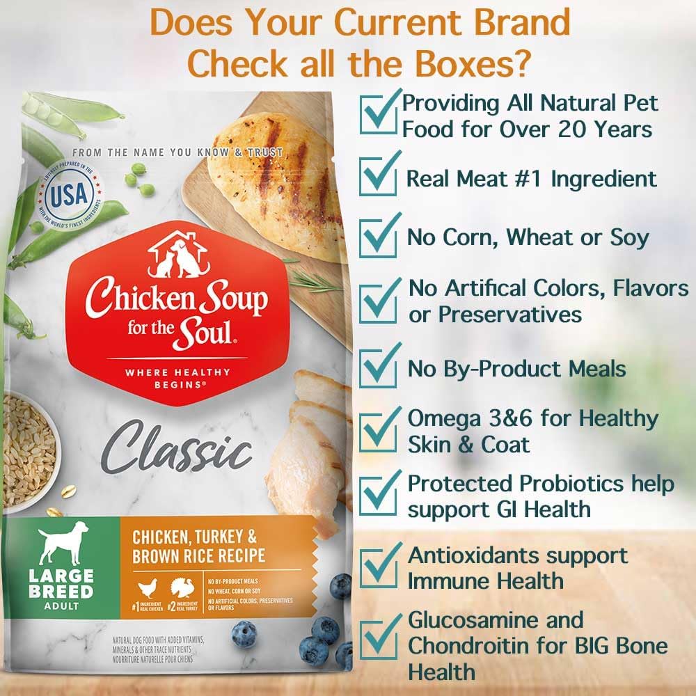 Chicken Soup for the Soul All Natural Premium Large Breed Adult Dry Dog Food, Real Meat First Ingredient, No By-Products, Supports Heart, Gut & Immune Health, Chicken, Turkey & Brown Rice, 13.5lb