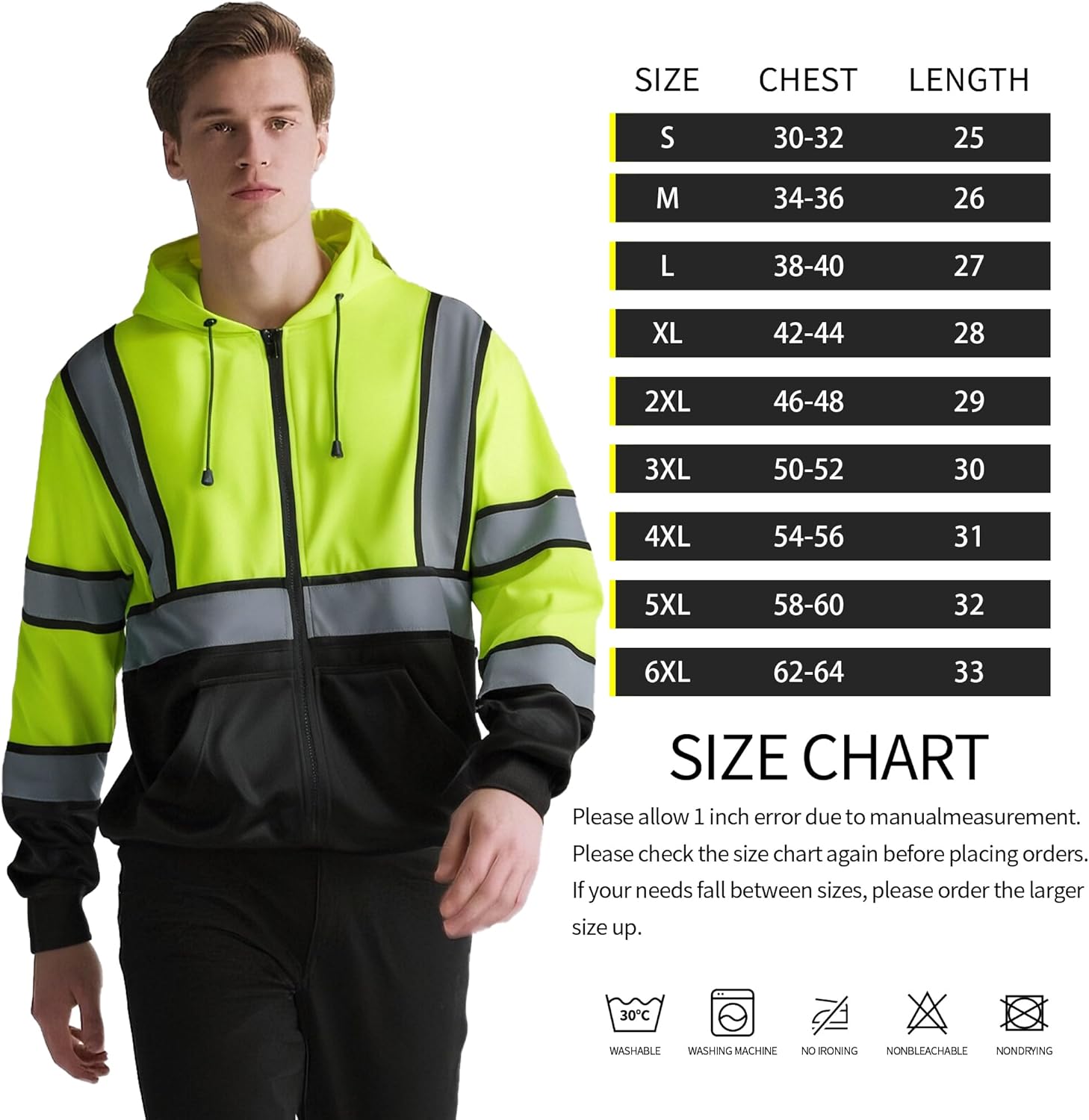 High Visibility Hoodie for Men Class 3 Hi Vis Safety Hoodies Reflective Construction Sweatshirt with Pockets - Image 6