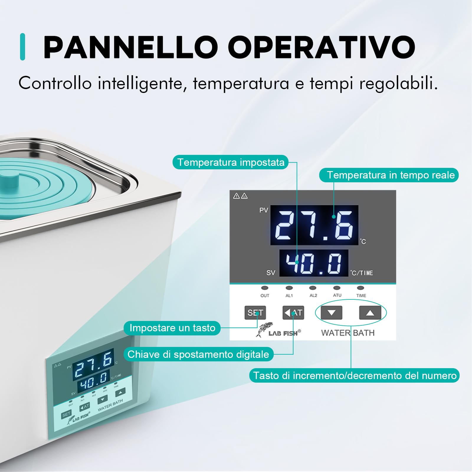 LAB FISH Bagnomaria da Laboratorio Termostatico Bagno d'acqua 6L, 600W - Doppia Apertura, Acciaio Inox - Termostato di Precisione ±0,1°C - Timer 0-999min - Display LED