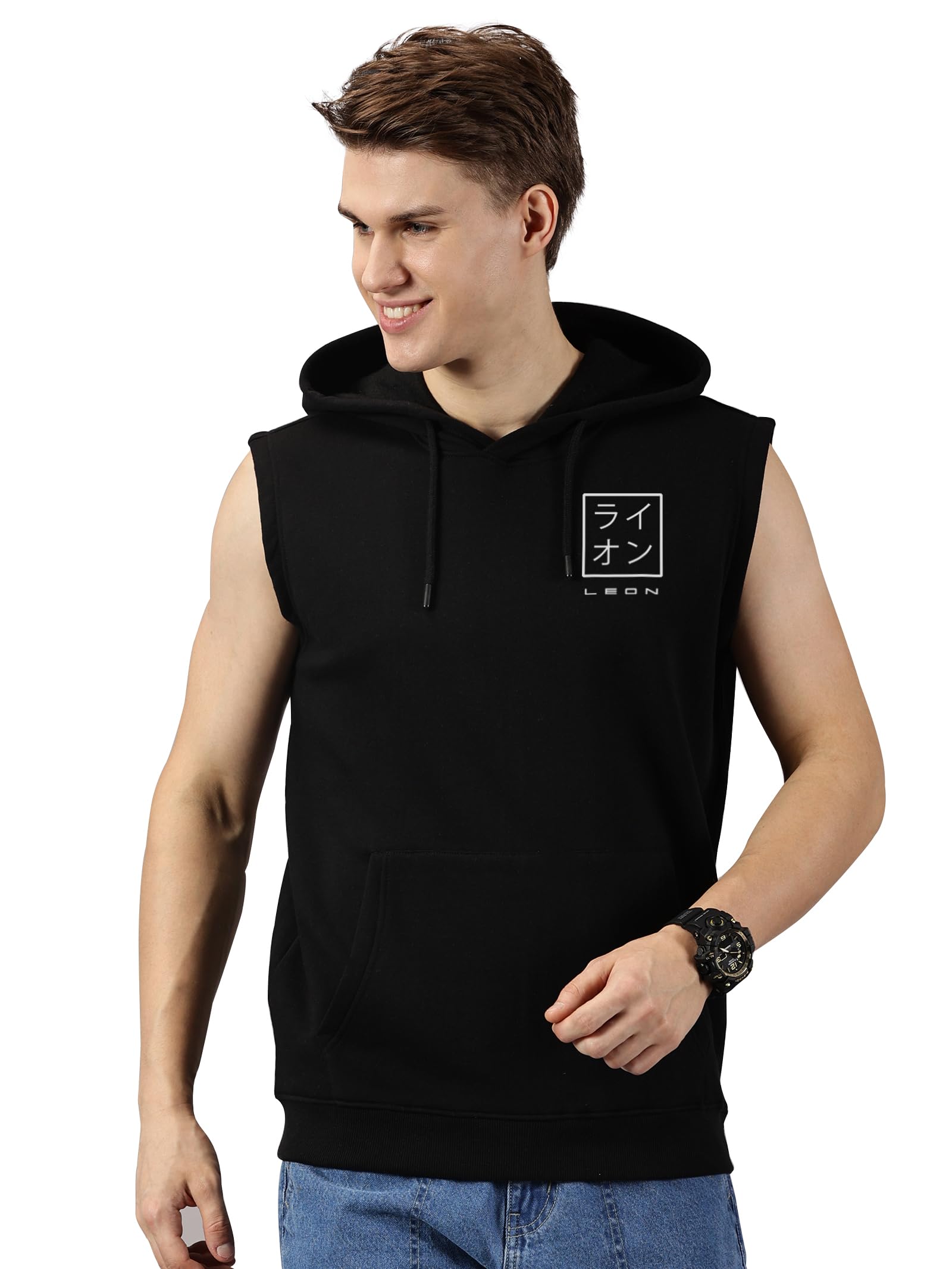 leon Men's Printed Sleeveless Hoodie | Poly Cotton Hooded Sweatshirt | Gym, Workout & Casual Wear | Regular Fit | Kangaroo Pocket-picture-1