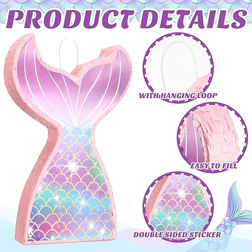 Miniatura 5 de Decoraciones de cumpleaños de piñata de sirena, paquete de piñata de cola de sirena con venda y murciélago para suministros de fiesta de cumpleaños