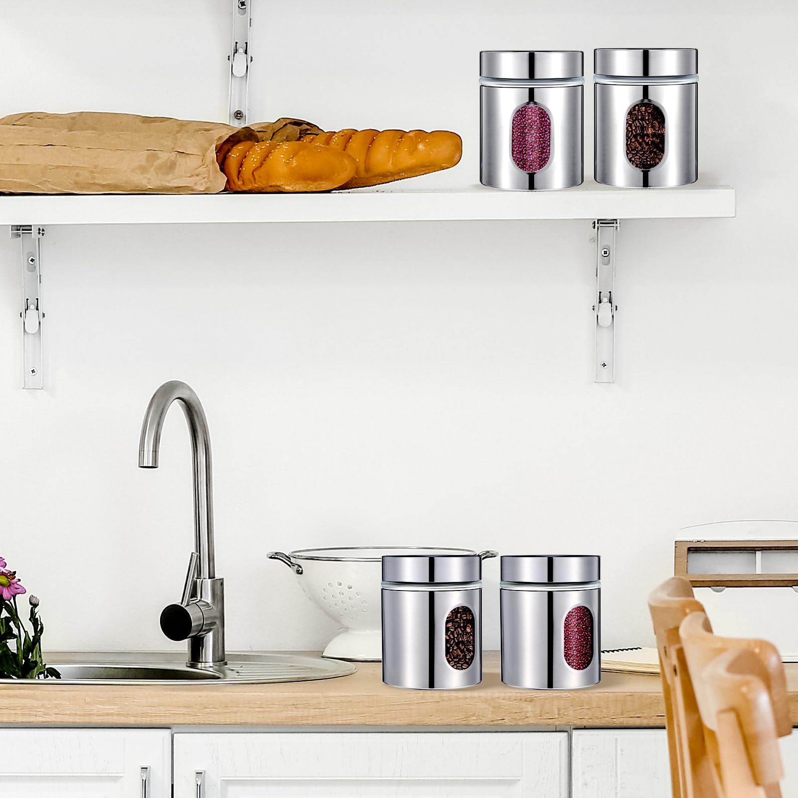4-teiliges Küchendosen-Set, Edelstahl, Glasdosen, luftdicht, für Kaffee, Zucker, Tee, Süßigkeiten, Lebensmittelbehälter mit Deckel, für Mehl, Kekse, Gewürze, Körner, Küche, Backen, Heimdekoration