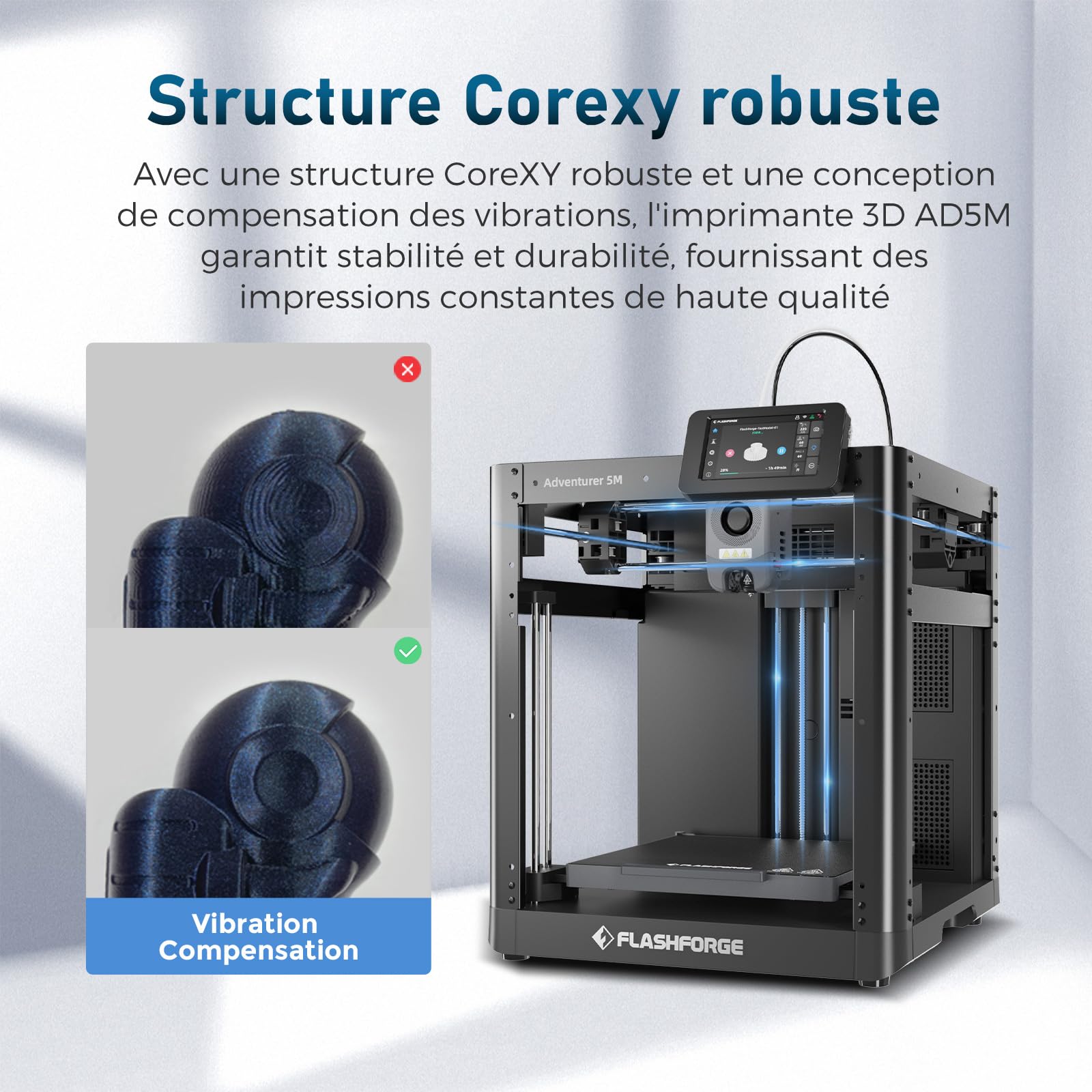 Flashforge Adventurer 5M Imprimante 3D Ultra Rapide 600mm/s, Nivellement Automatique, Buse Intelligent & Plaque PEI, Volume 220x220x220mm, Idéal pour Débutants/Professionnels