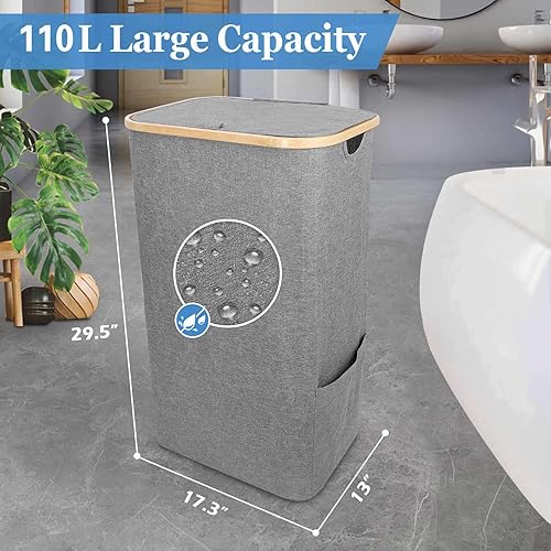 Miniatura 3 de Ranslen Laundry Basket with Lid, 110L XXL-Large Laundry Hamper, Collapsible Dirty Clothes Hamper with Bamboo Handles and Removable Bag, Tall