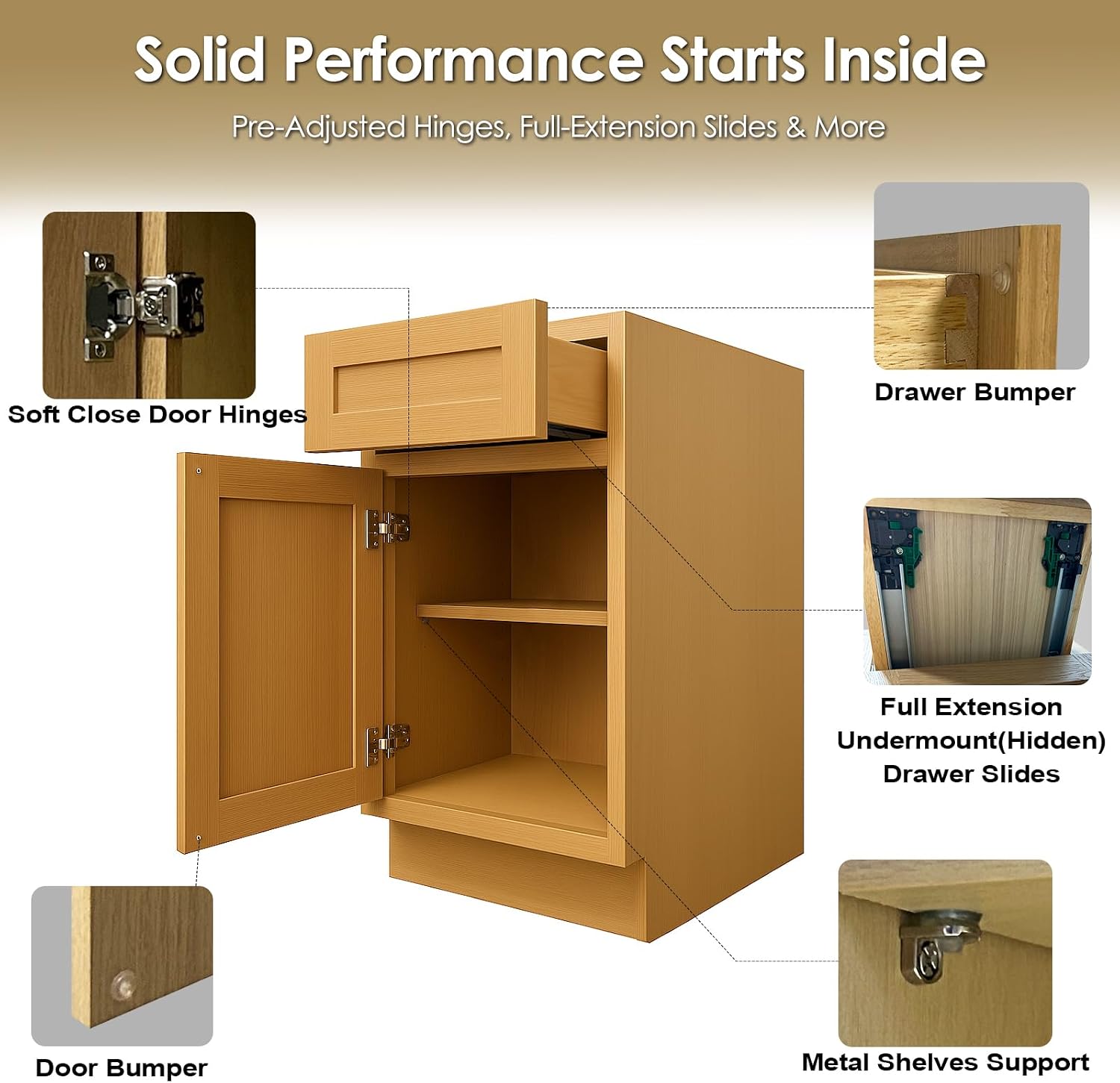 21" Base Cabinet with Drawer, Shaker Cabinet Doors, Soft Close Door and Adjustable Shelf, Painted, Unassembled, RTA for Kitchen, Laundry Room (White Oak and MDF Door, 21"W X 34 1/2"H X 24"D)