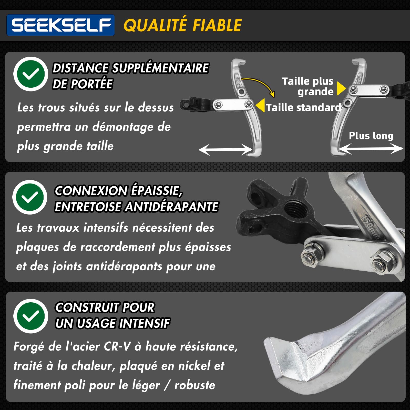 Ensemble d'extracteur de roue 3" 4" 6" 8", Kit d'extracteur de roulement 2-griffes/3-griffes avec clé dynamométrique, outil de traction robuste, griffes réversibles pour l'enlèvement de
