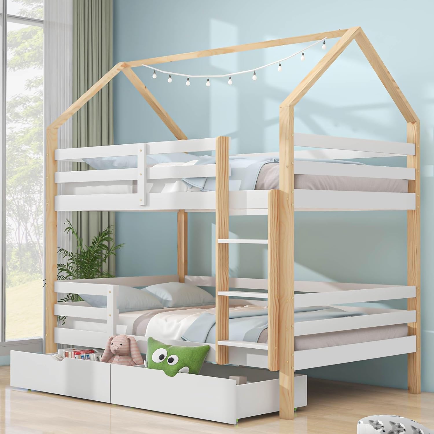Merax Lit Mezzanine 90x200cm Avec Bureau, Lit Enfant Avec Tiroirs, Lit Superposé Avec Rangements, Pour Garçons, Filles, Lit/Bureau 2-en-1, Blanc