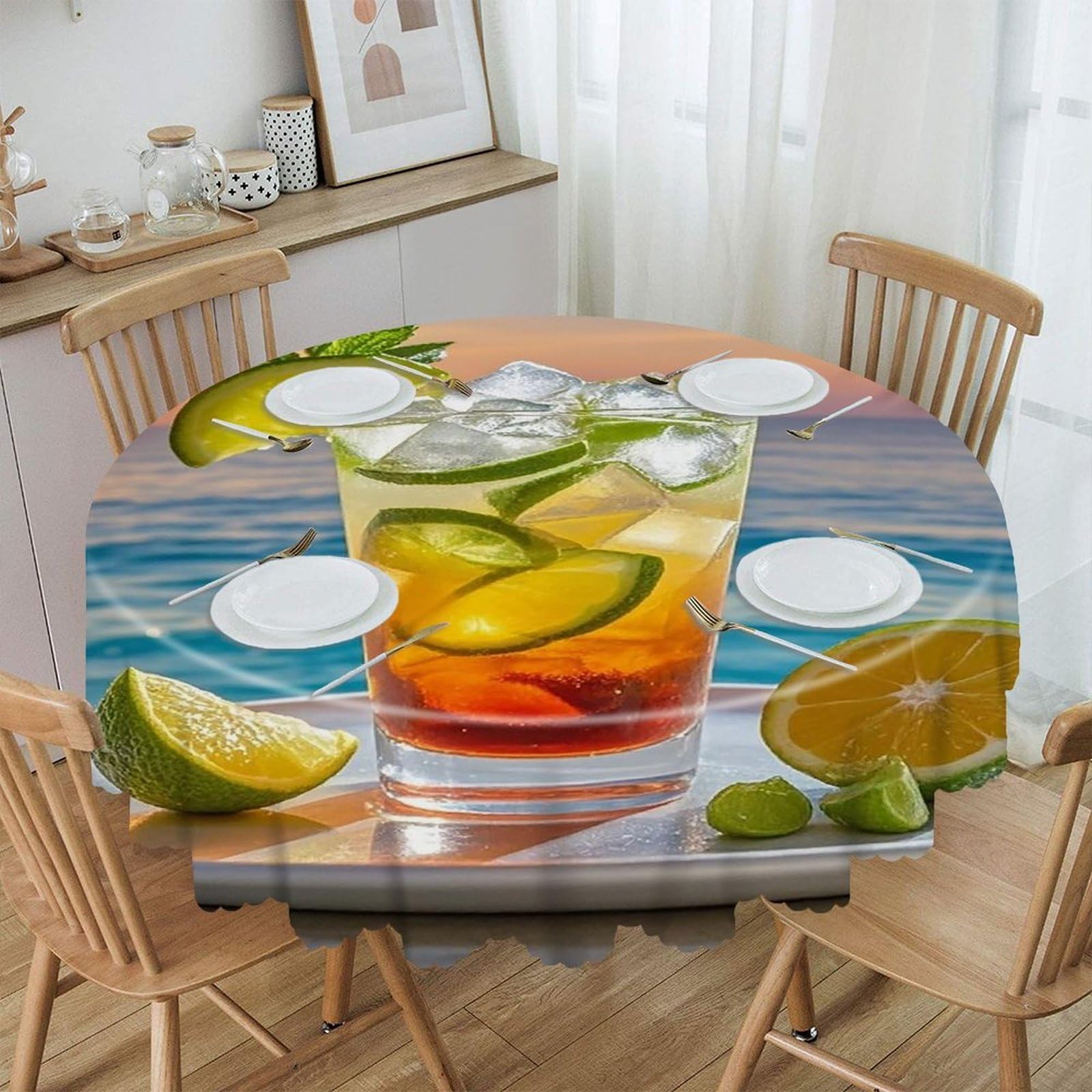 LZQPOEAS Summer Seaside Sunset Round Tablecloth Rustic Circle Table Cloth Wrinkle Resistant Decor Tablecloth Waterproof Washable Table Cover for Kitchen Party Dining Table 60 Inch