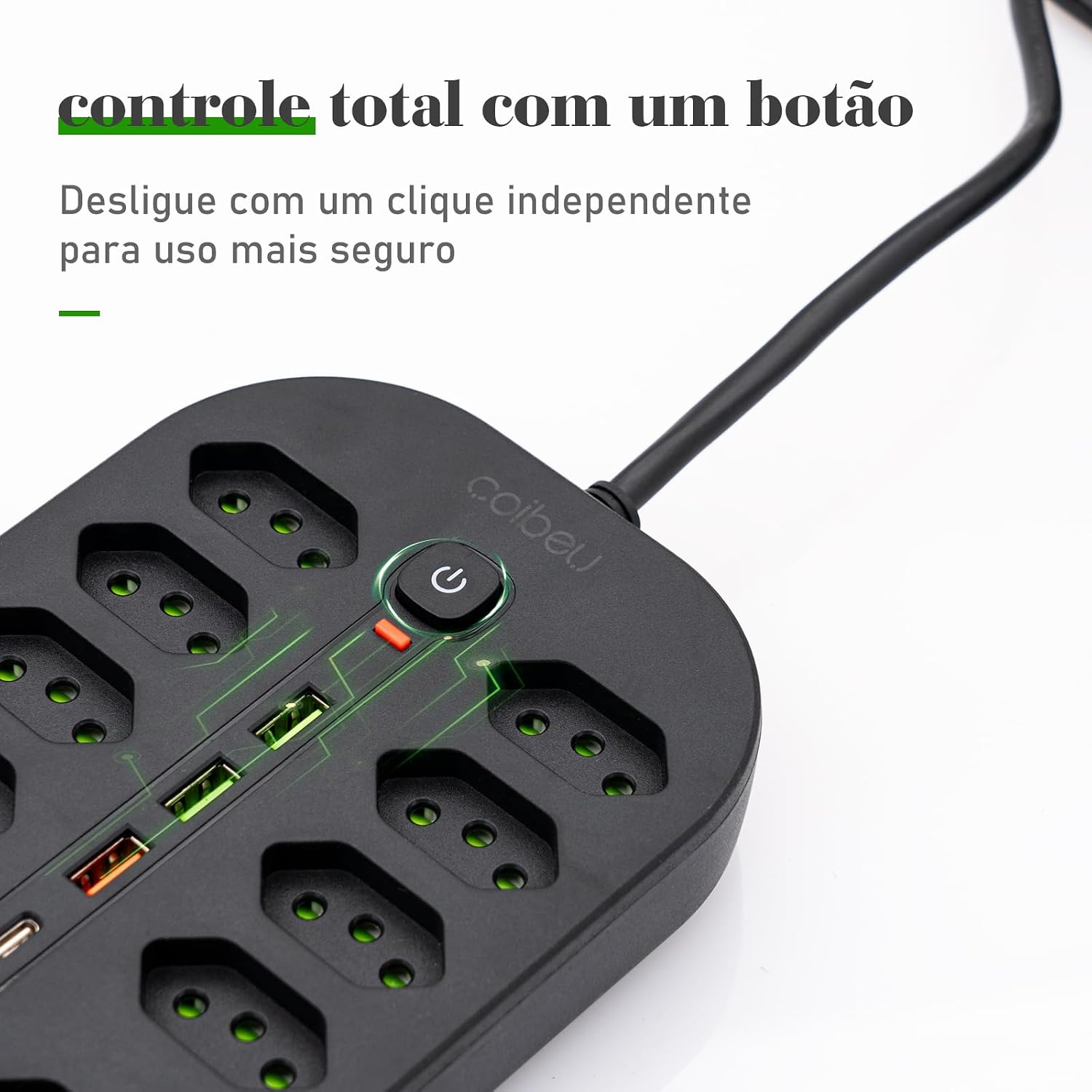 Extensao Eletrica, Extensão Tomada, Régua Tomada, Régua de Energia, 10 Tomadas, 3 Interfaces USB, 1 Porta USB Tipo-C, Cabo de Alimentação de 1,9 metros, Suporte a Tensão de 110-220V, Preto