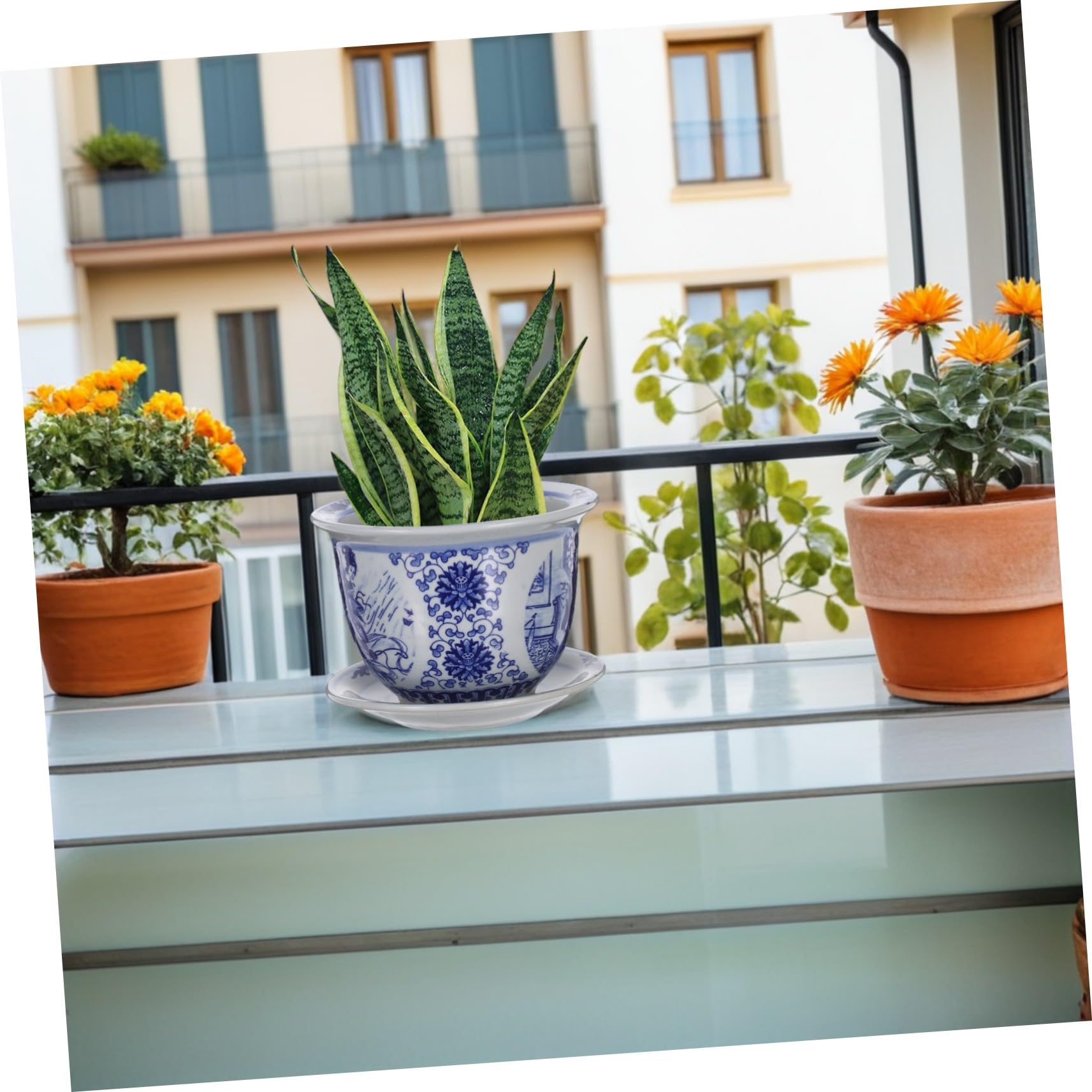 BESTonZON Ceramiczny Doniczka z Podstawką Chiński Niebiesko Biały Kwiatowy Wzór Dekoracyjny Doniczka Do Roślin Domowych Sukulentów i Bonsai Łatwy Utrzymaniu Design