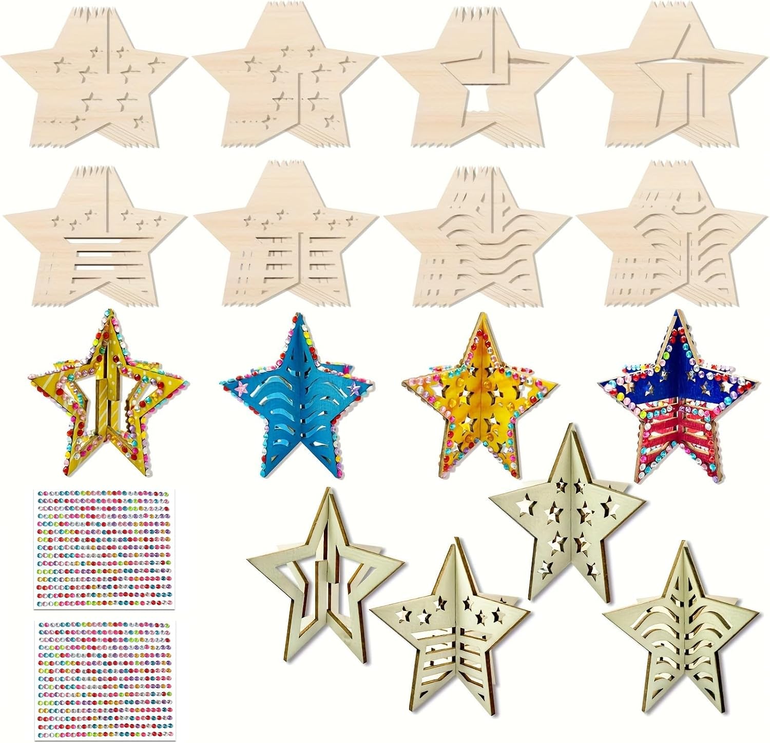 KitsyKraft 32-Piece Wooden 3D Star Crafts Kit – 16 Pair Star-Themed DIY Wooden Blank Ornaments with 2 Diamond Stickers, Unfinished Wood Cutouts for Home Decor or Creative Projects
