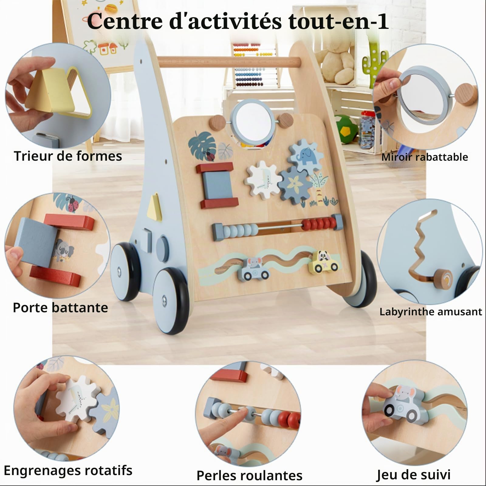 LIFEZEAL Chariot de Marche Bois pour Bébé, Trotteur Bebe Evolutif avec Rangement, Centre d'Activités à 4 Roues, Jouets s’amuser, Baby Walker 2+ ans