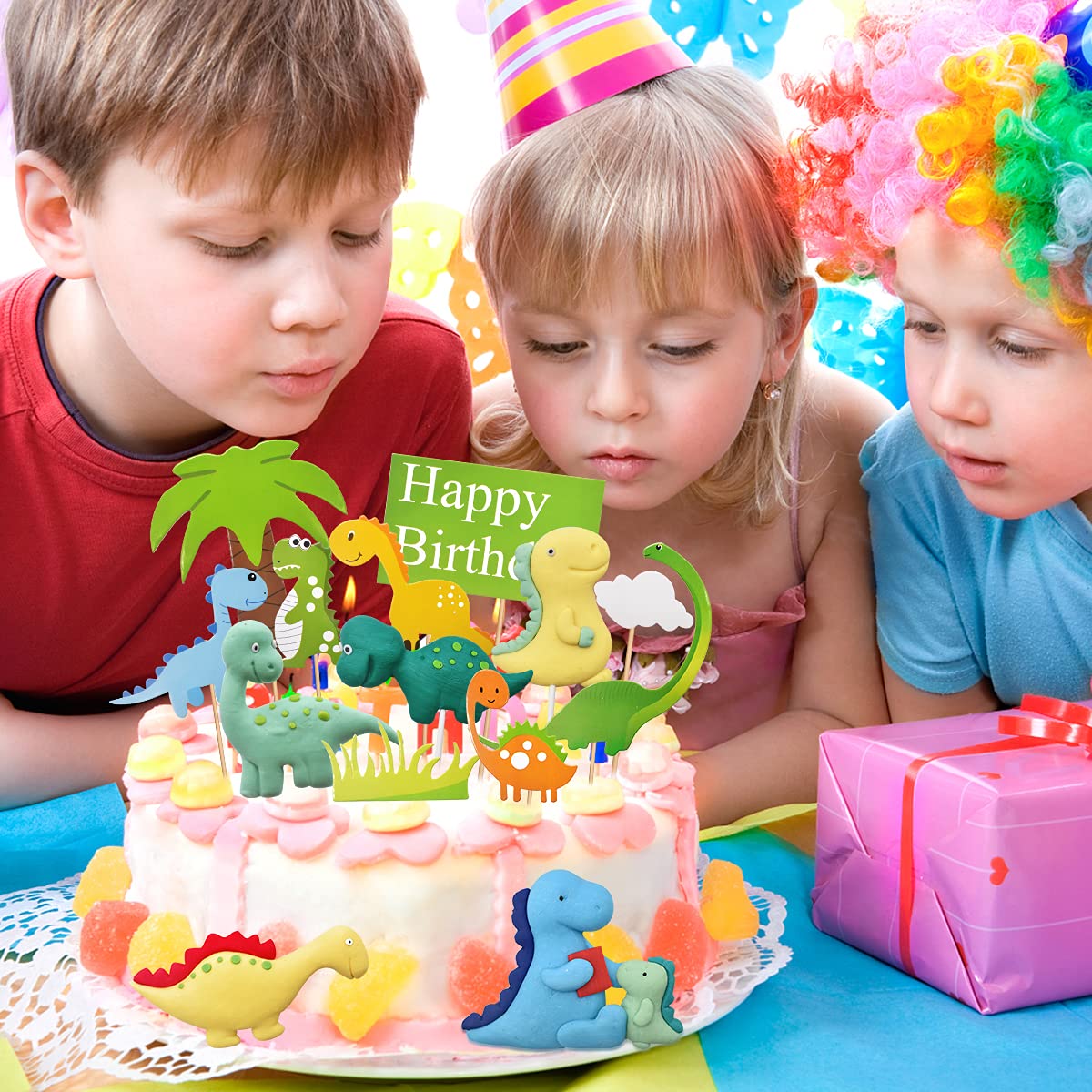 Dinosaurier Tortendeko Set – 14 Teile, Mit 3D-Dinos, Bäumen & Happy Birthday-Schild, Für Kindergeburtstag