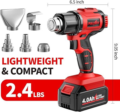 Miniatura 6 de Pistola de calor inalámbrica con 2 baterías de 4.0 Ah, kit de pistola de aire caliente de 5 boquillas portátil, calentamiento rápido máximo de 1022