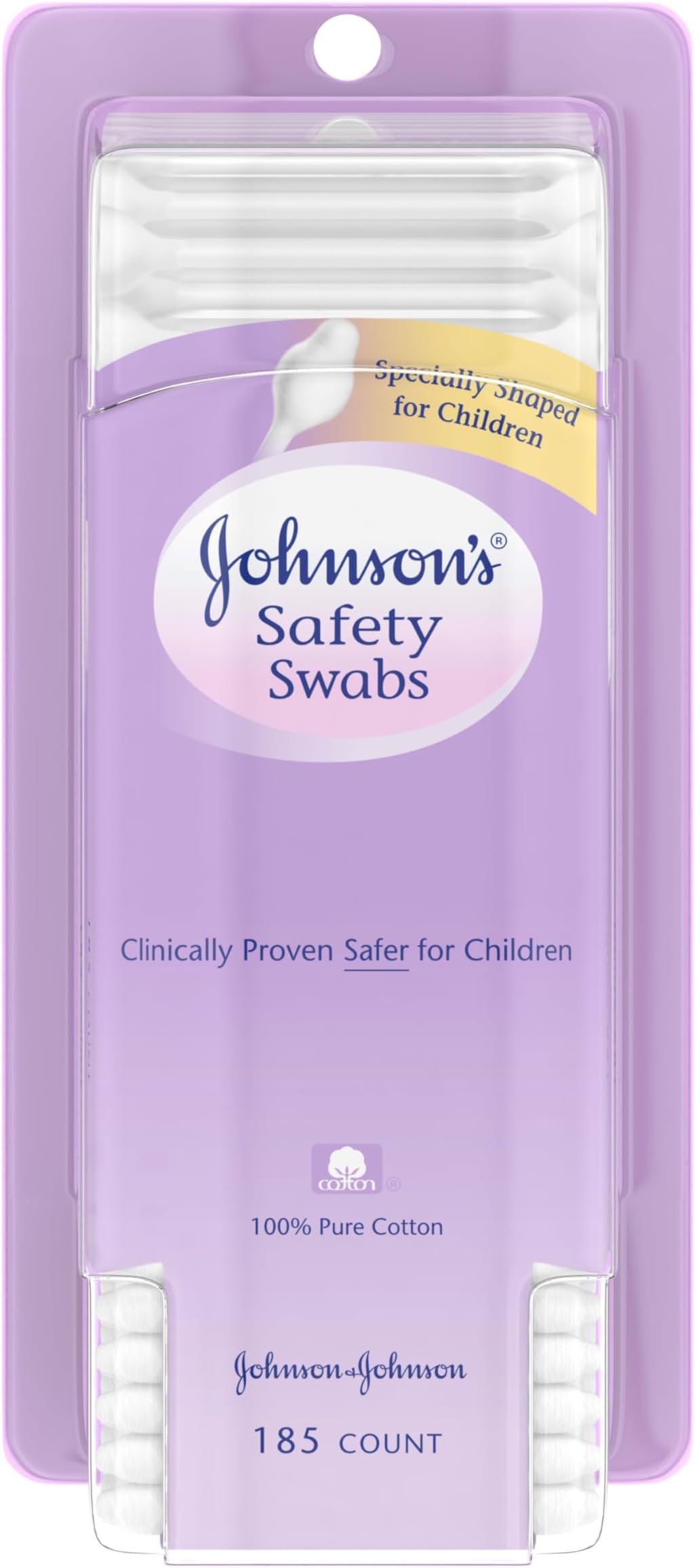 Johnson's Safety Ear Swabs for Babies & Children, 100% Pure Non-Chlorine Bleached Cotton for a Gentle Clean, Clinically Proven Safer Cotton Swab for Children with a Paper Stick, 185 ct