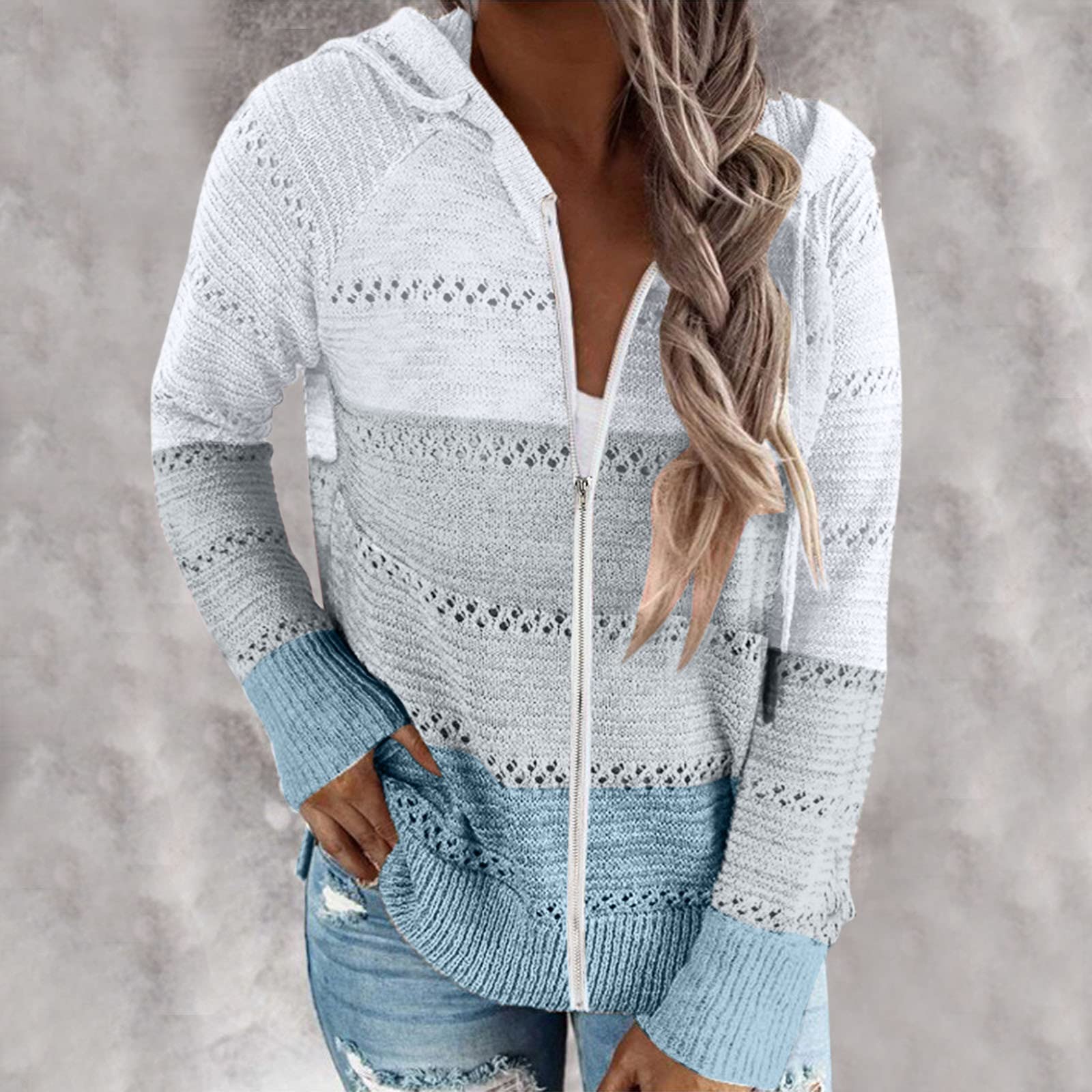 Generisch WeißE Strickjacke Women 's Autumn and Winter Classic Retro Block Kapuziner Kapuzen Pulli mit Reißverschluss Jackenpulli für Frauen